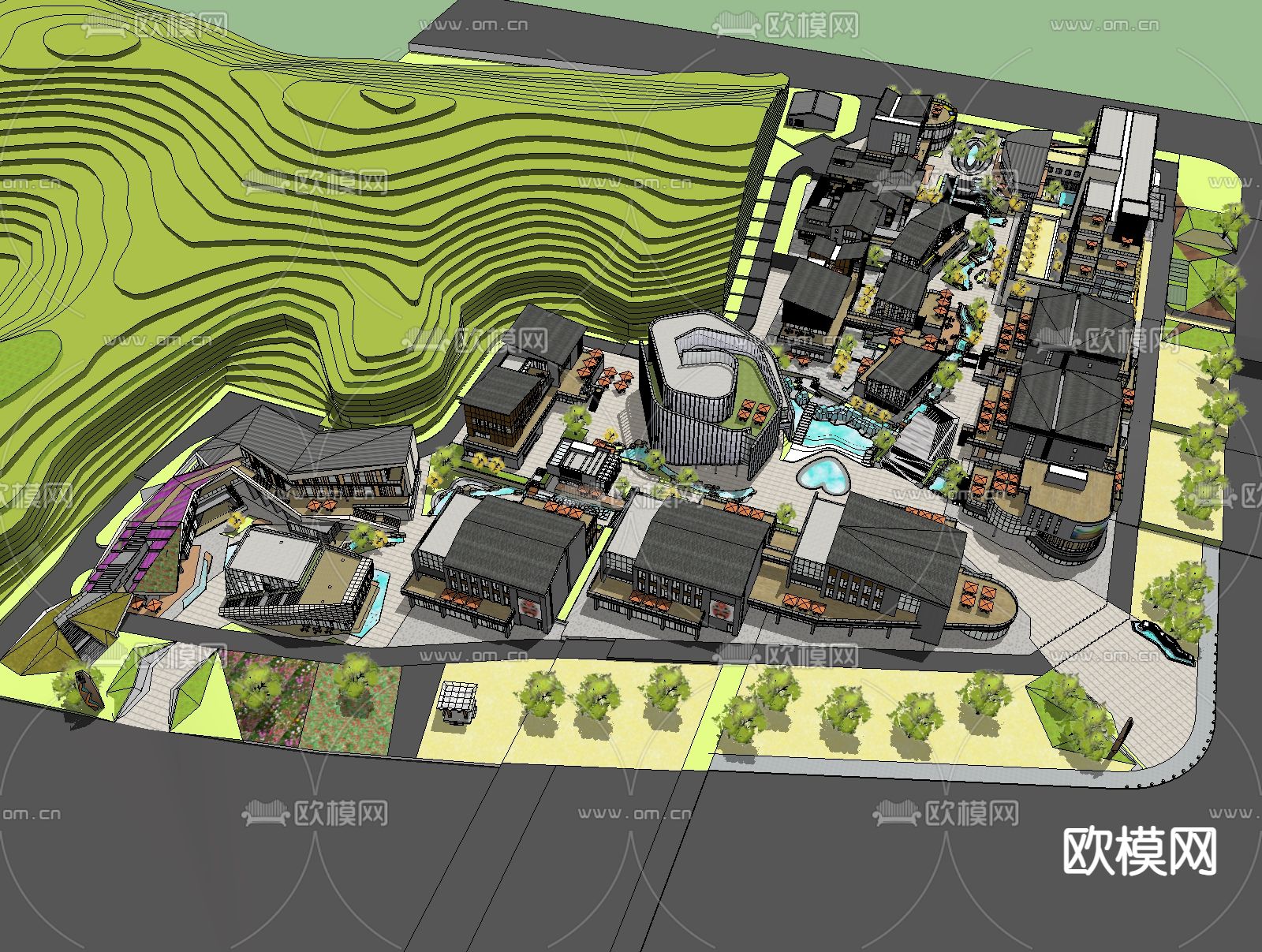 现代山坡商业街su模型下载（渲染图4）