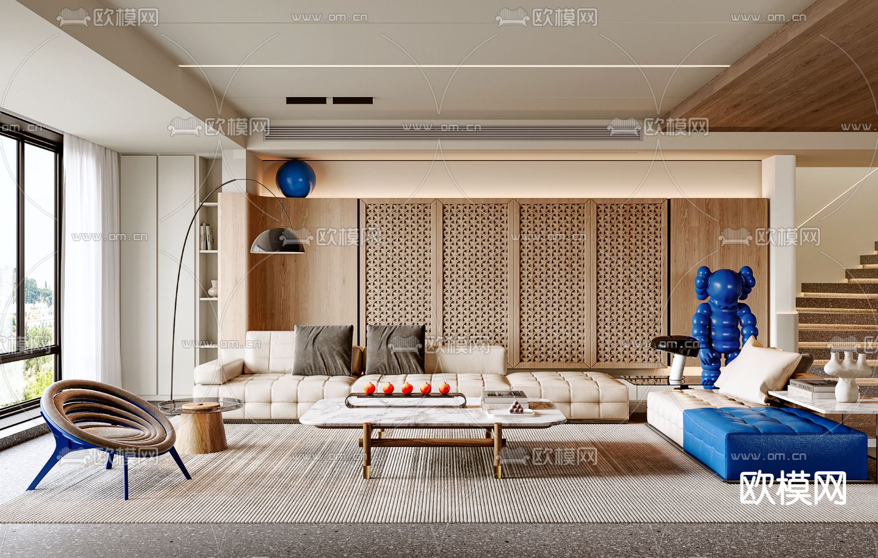 奶油风家居客厅3d模型下载（渲染图1）