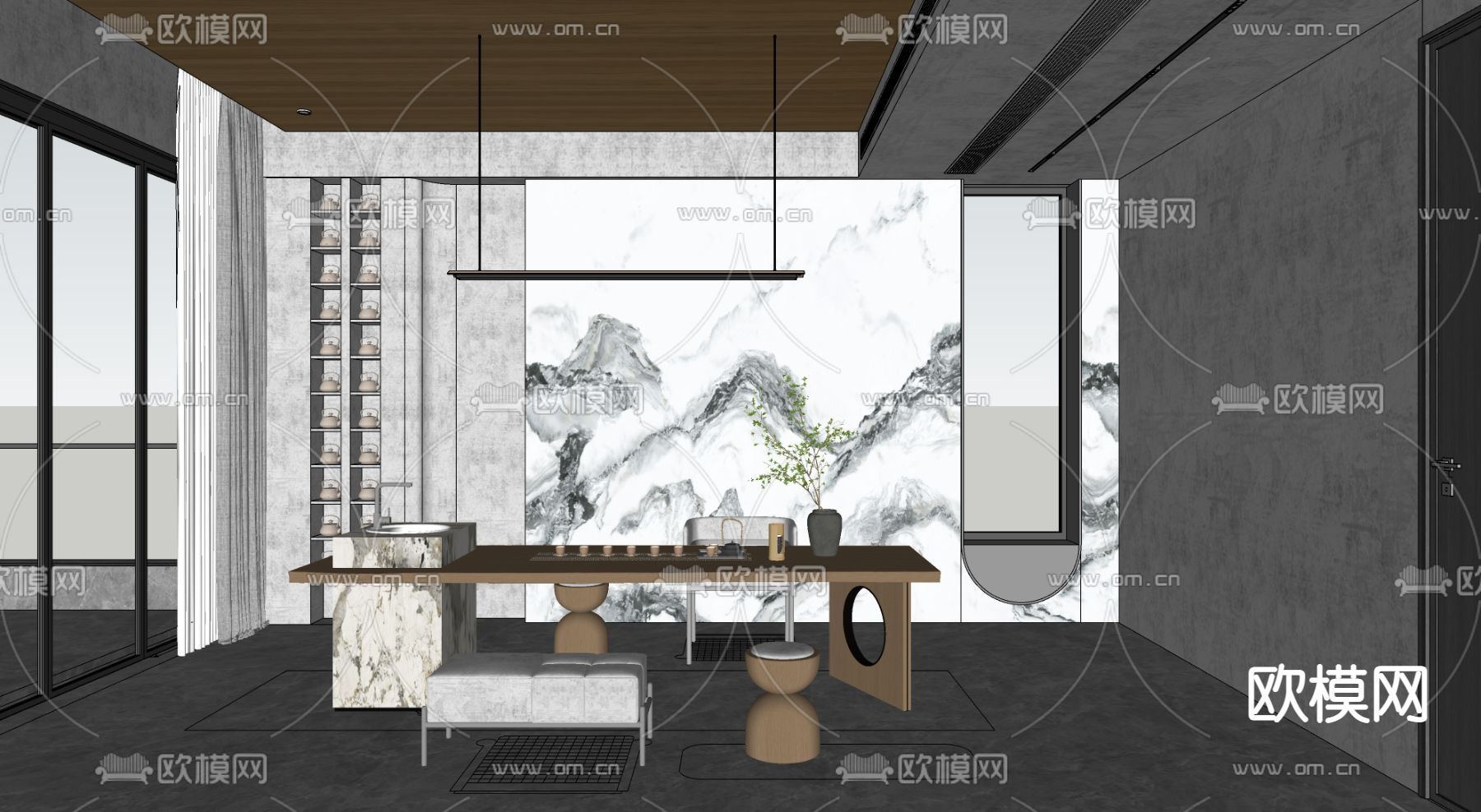 新中式茶室su模型下载（渲染图2）
