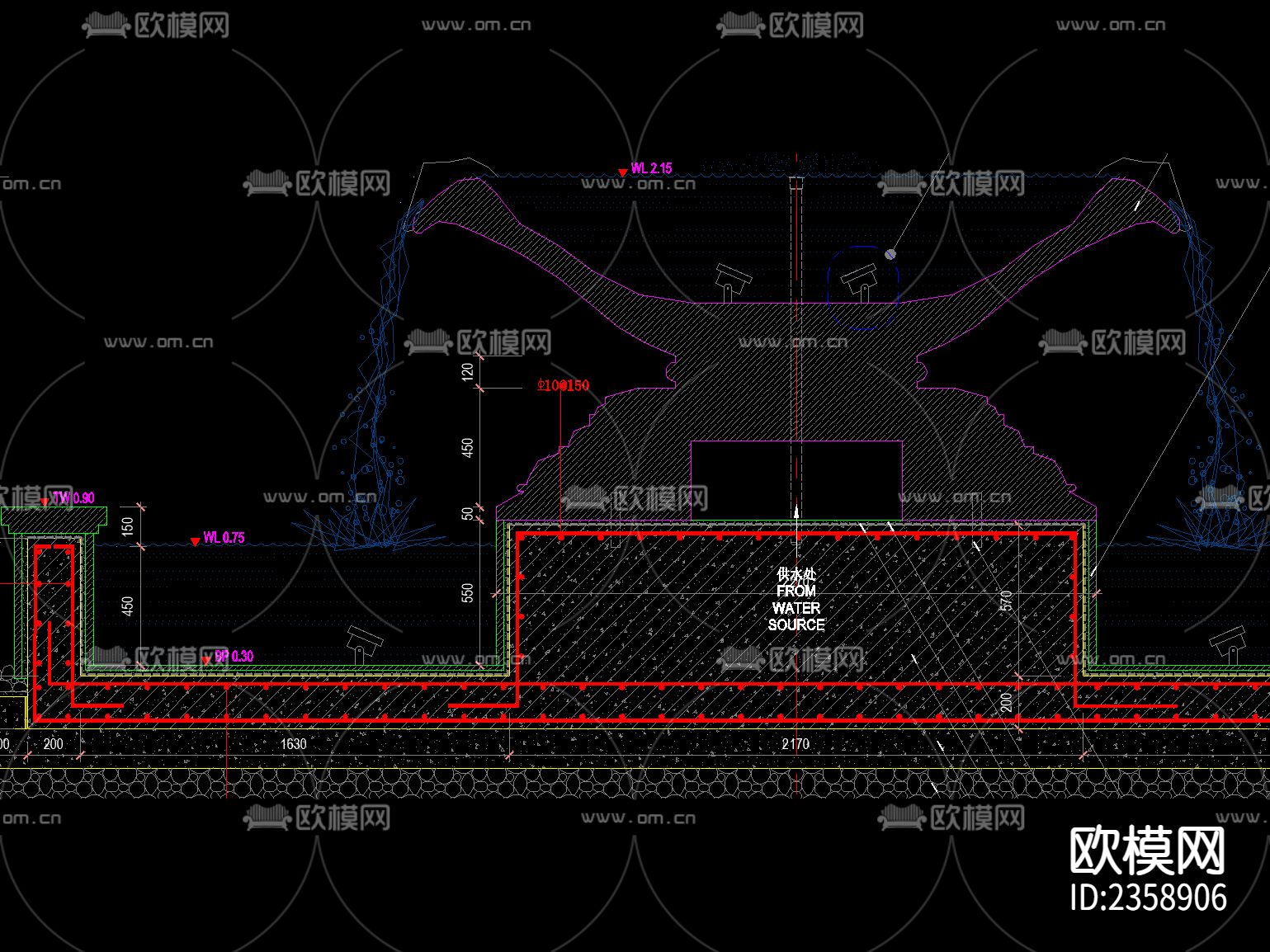 欧式古典 花钵流水 水景 CAD施工图下载（渲染图3）