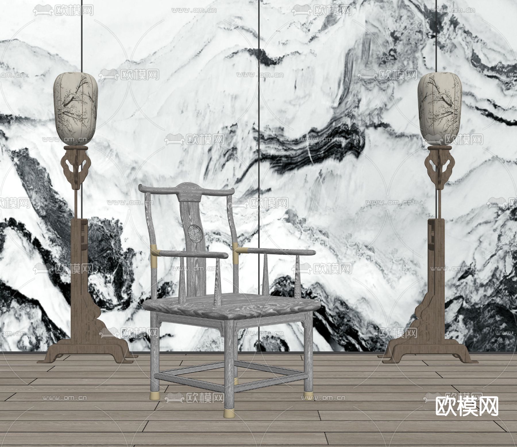 中式扶手椅子 官帽椅su模型下载（渲染图2）