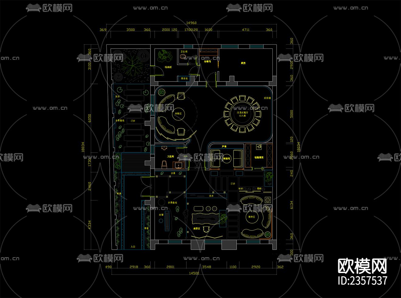 500㎡私人会所平面图CAD施工图-免费3dmax模型库-欧模网