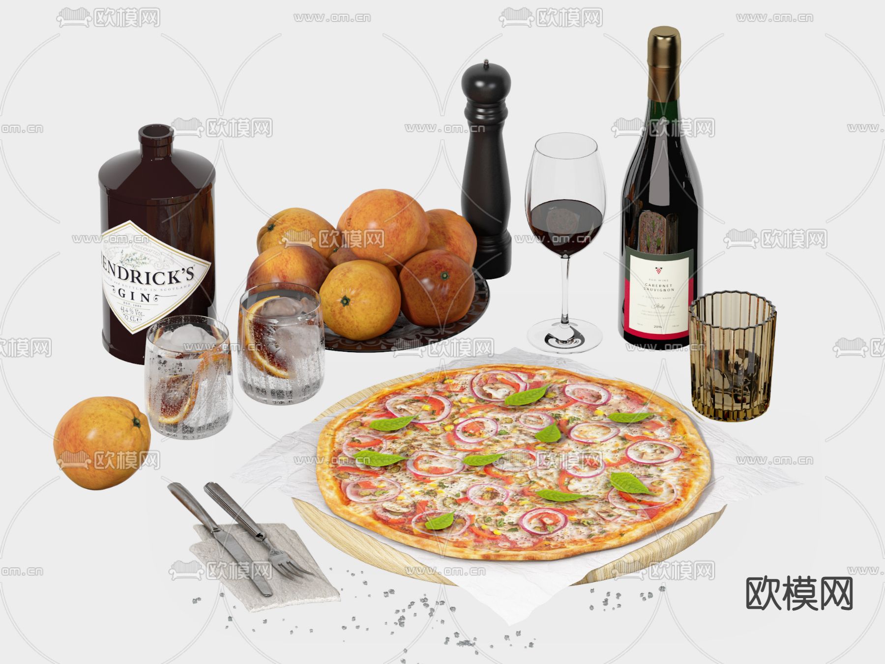 现代披萨 橘子酒水 食品3d模型