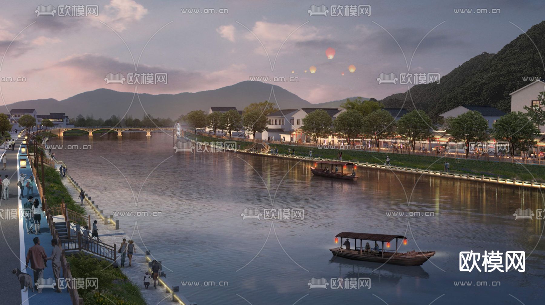 现代湖边船只夜景psd下载