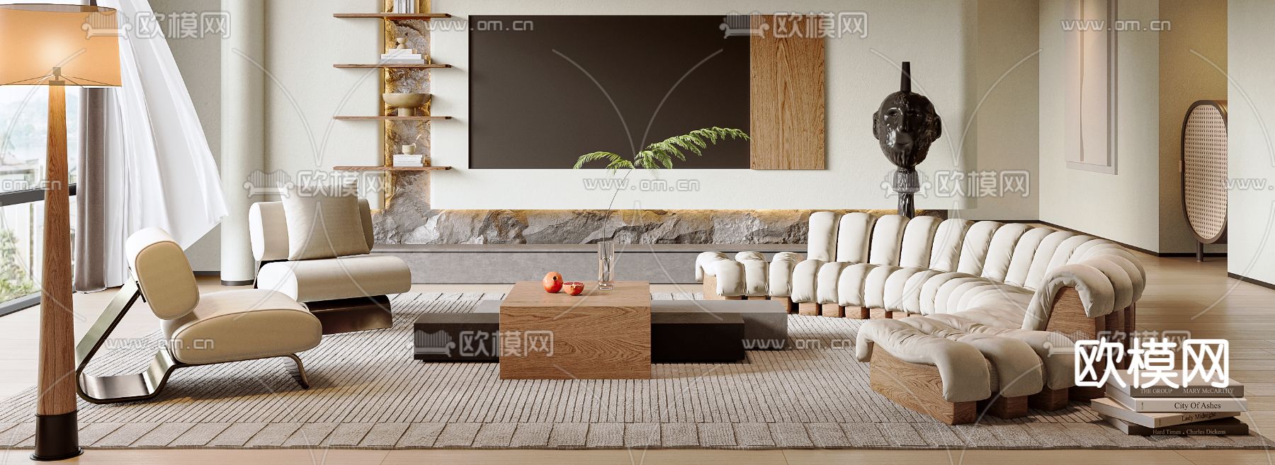 奶油风家居客厅3d模型下载（渲染图3）