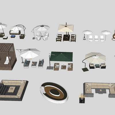 户外休闲桌椅 凉伞su模型