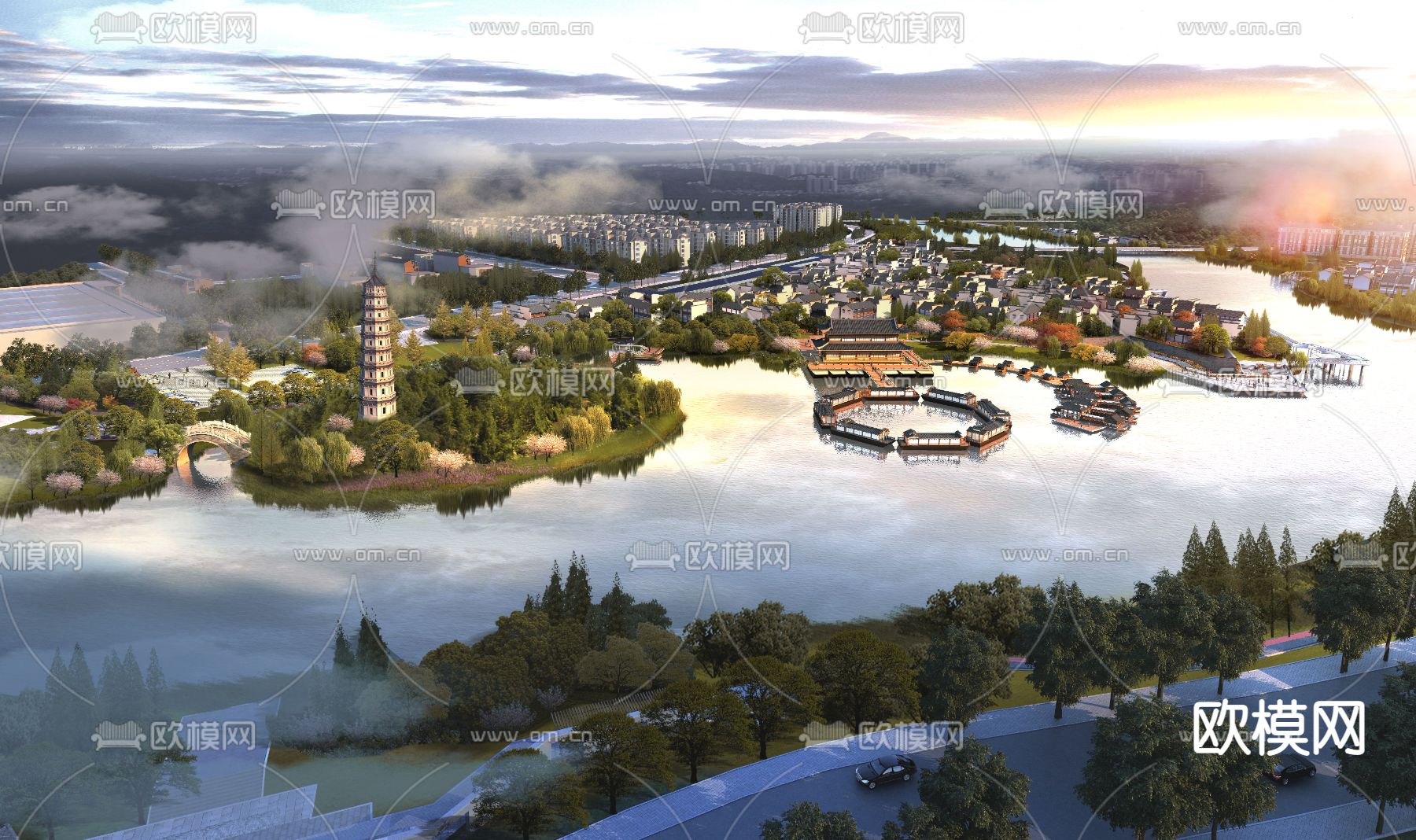 中式湿地园林鸟瞰psd下载