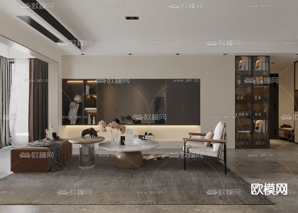 现代客厅餐厅免费3d模型下载（渲染图3）