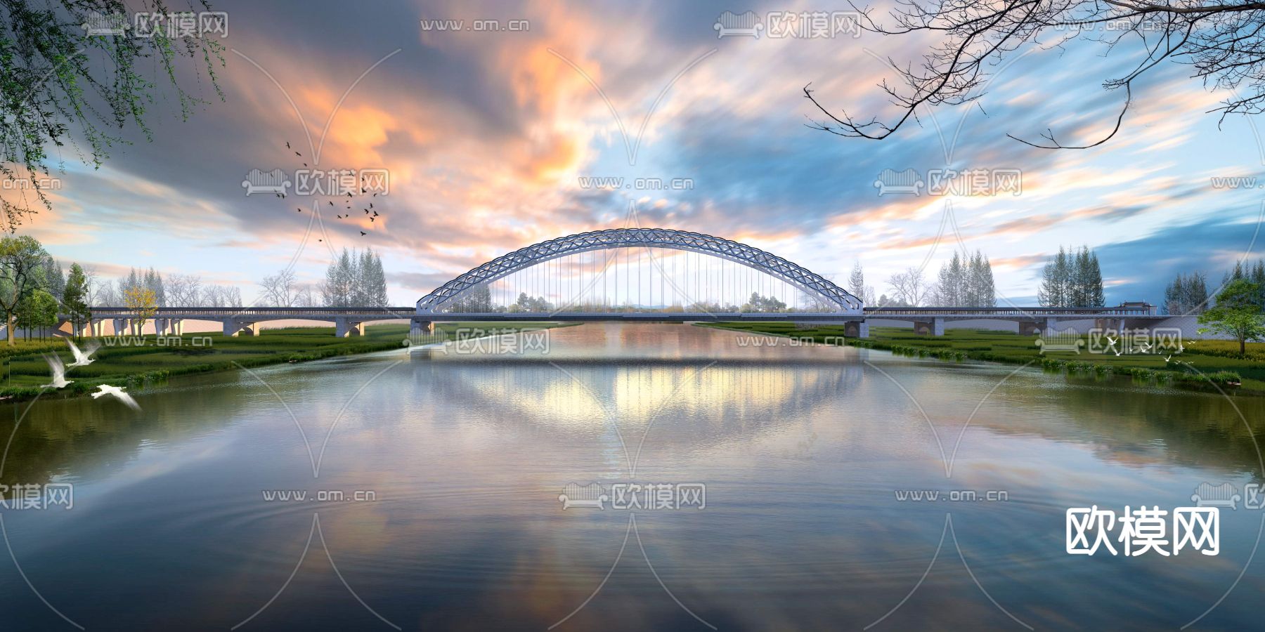 现代湖边天桥psd下载