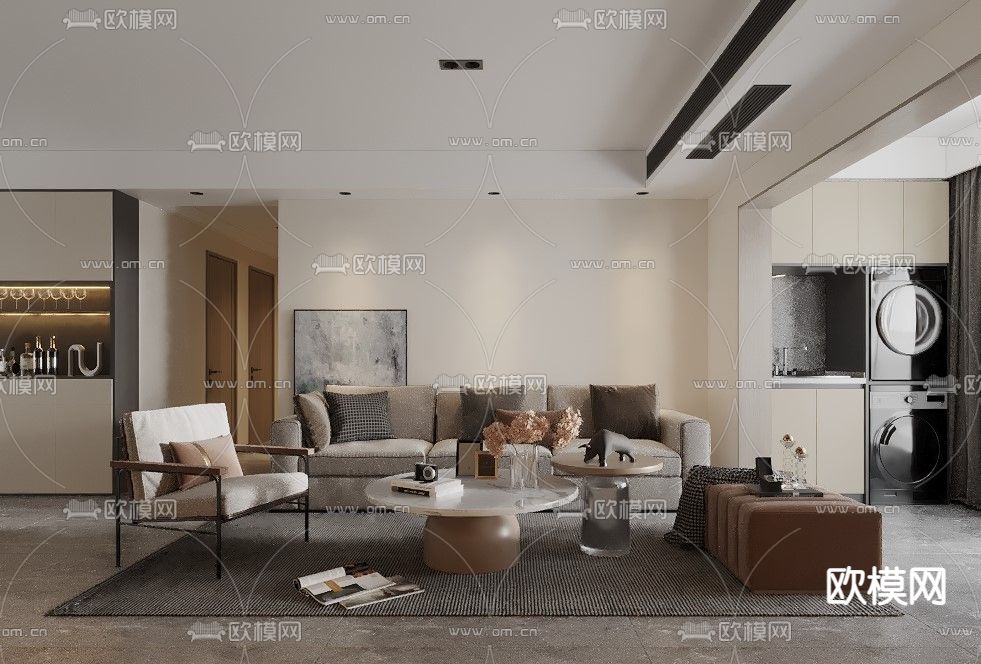 现代客厅餐厅免费3d模型下载（渲染图1）