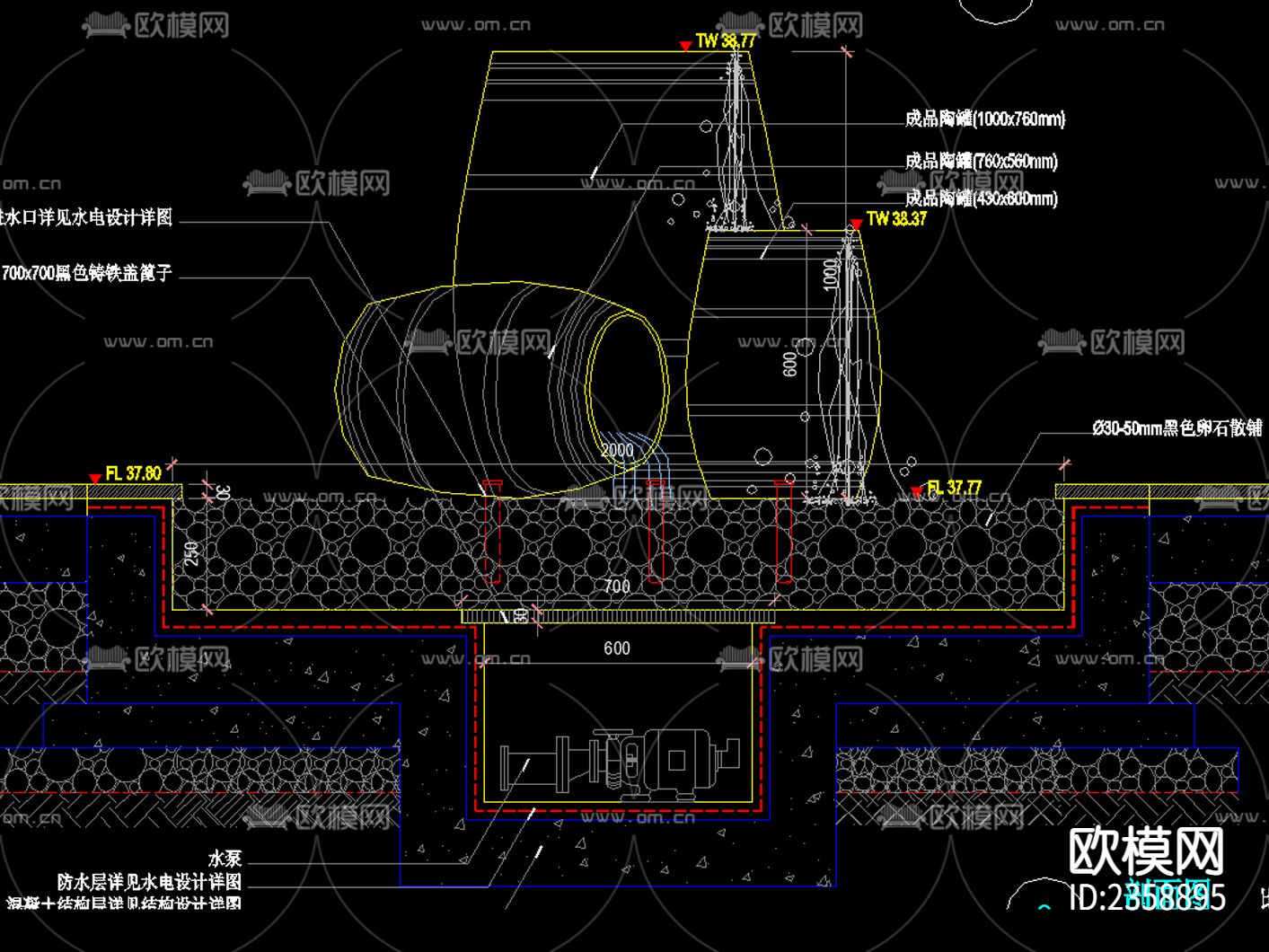 中式 陶罐 特色水景CAD施工图下载（渲染图3）