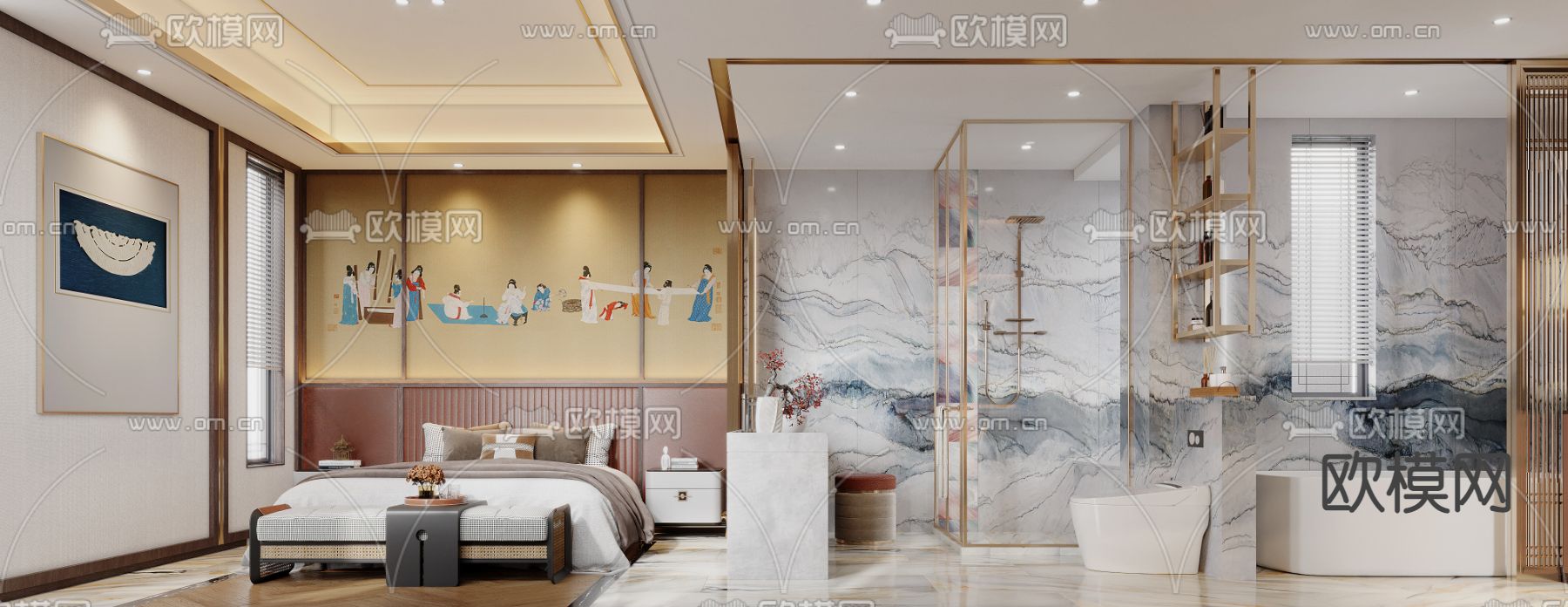 新中式卧室 主卧3d模型下载_ID12184448_3dmax免费模型-欧模网
