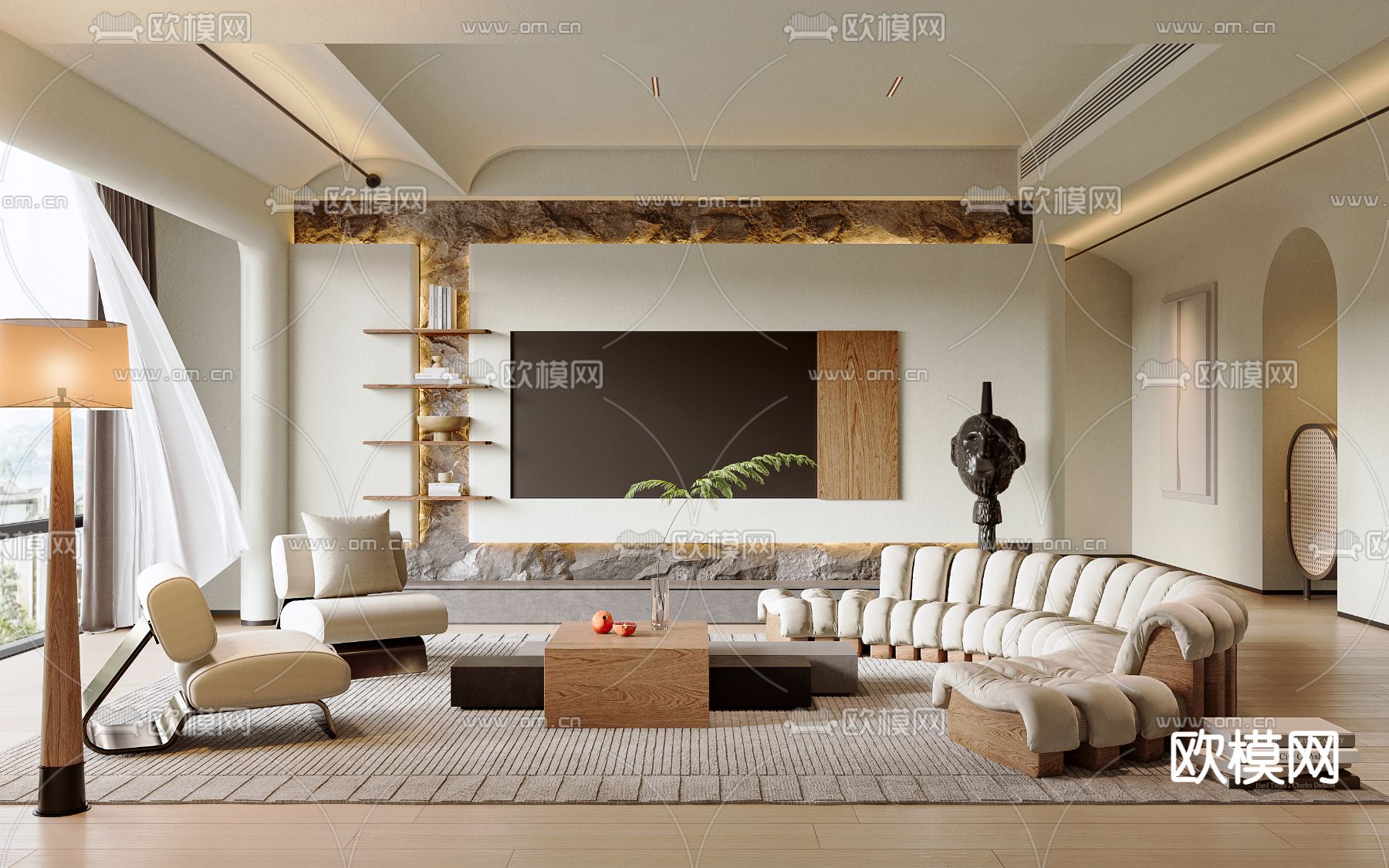 奶油风家居客厅3d模型下载（渲染图1）
