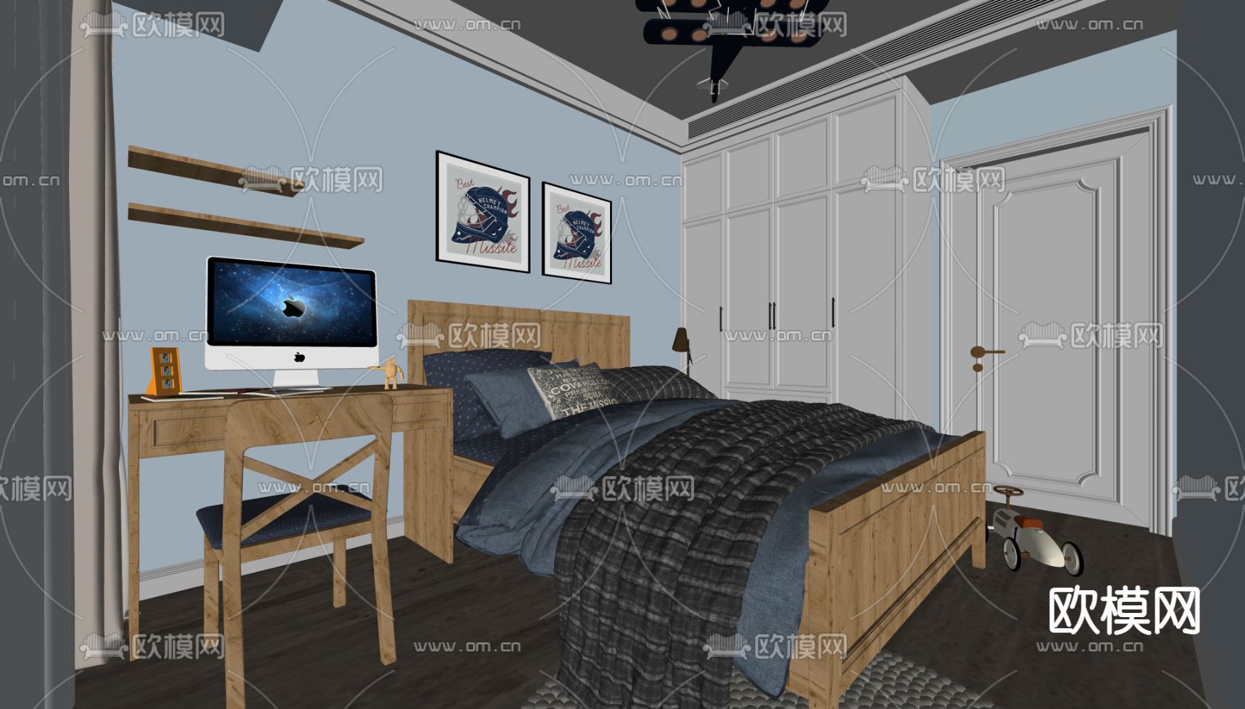 简美儿童房 男孩房su模型下载（渲染图2）