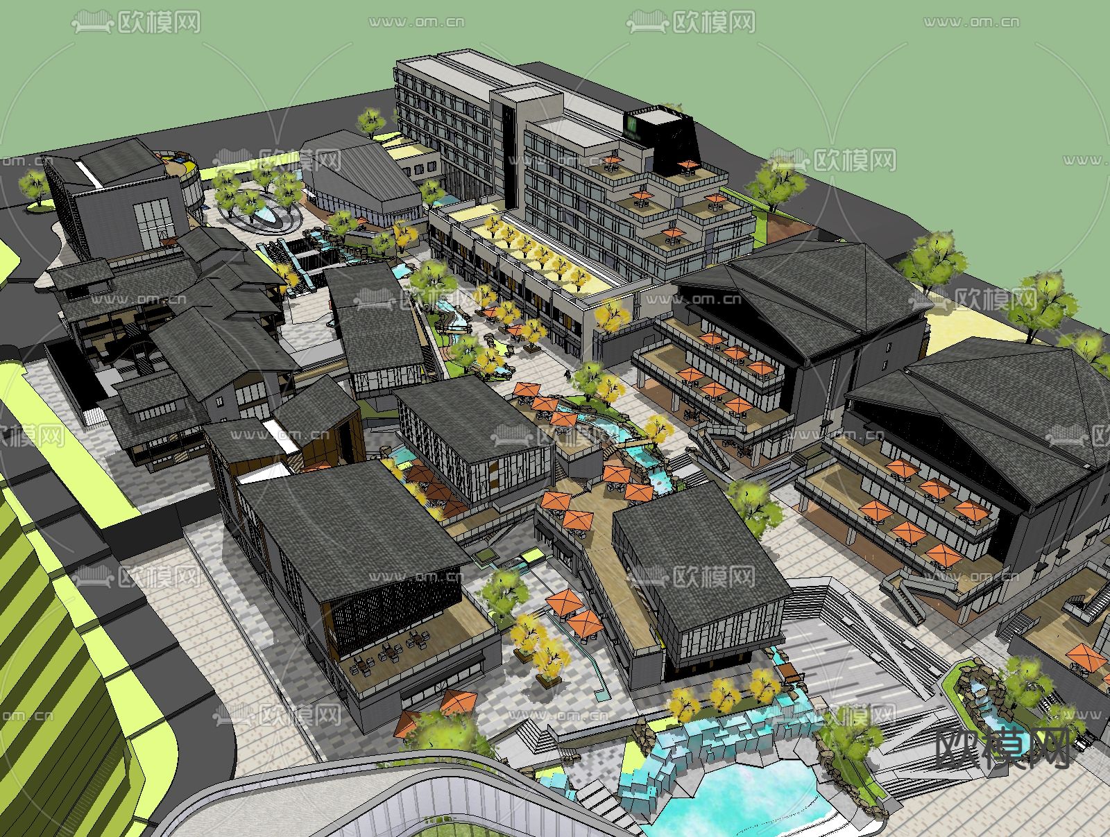 现代山坡商业街su模型下载（渲染图3）