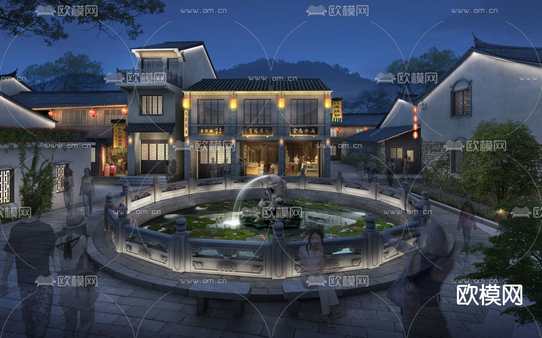 新中式公园夜景psd下载_ID12188373_3dmax免费模型-欧模网