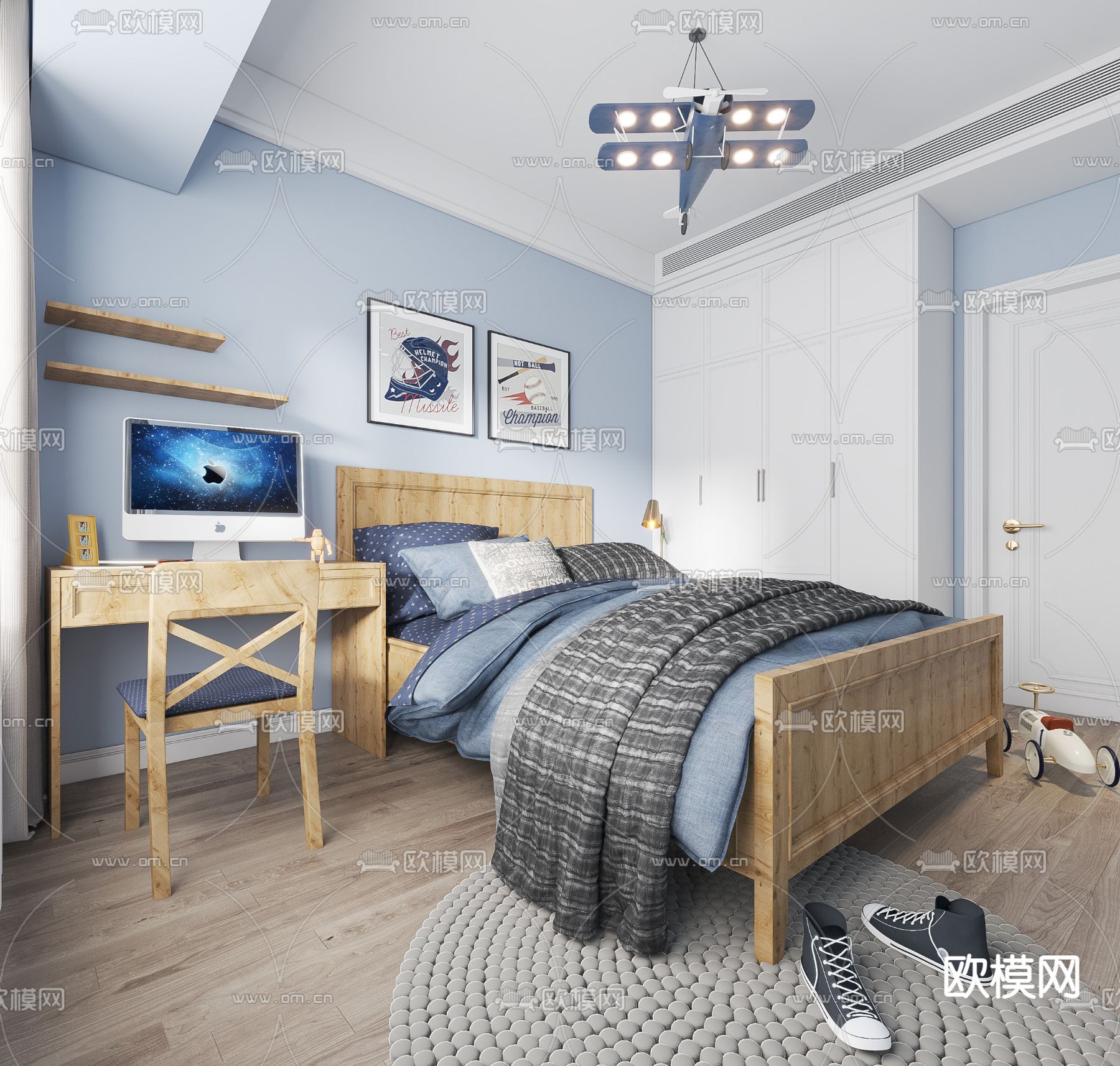 简美儿童房 男孩房su模型下载（渲染图1）