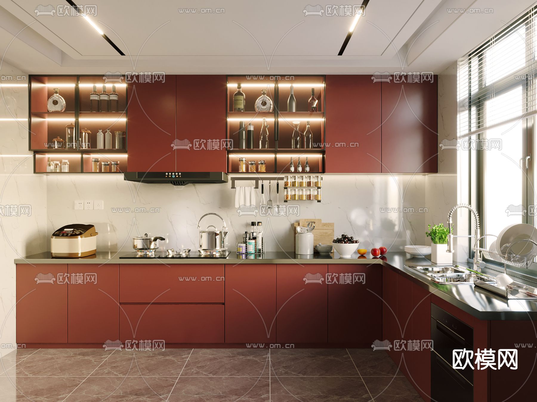 2013现代风格整体6平米家居红色橱柜集成吊顶厨房餐厅过道装修效果图 – 设计本装修效果图