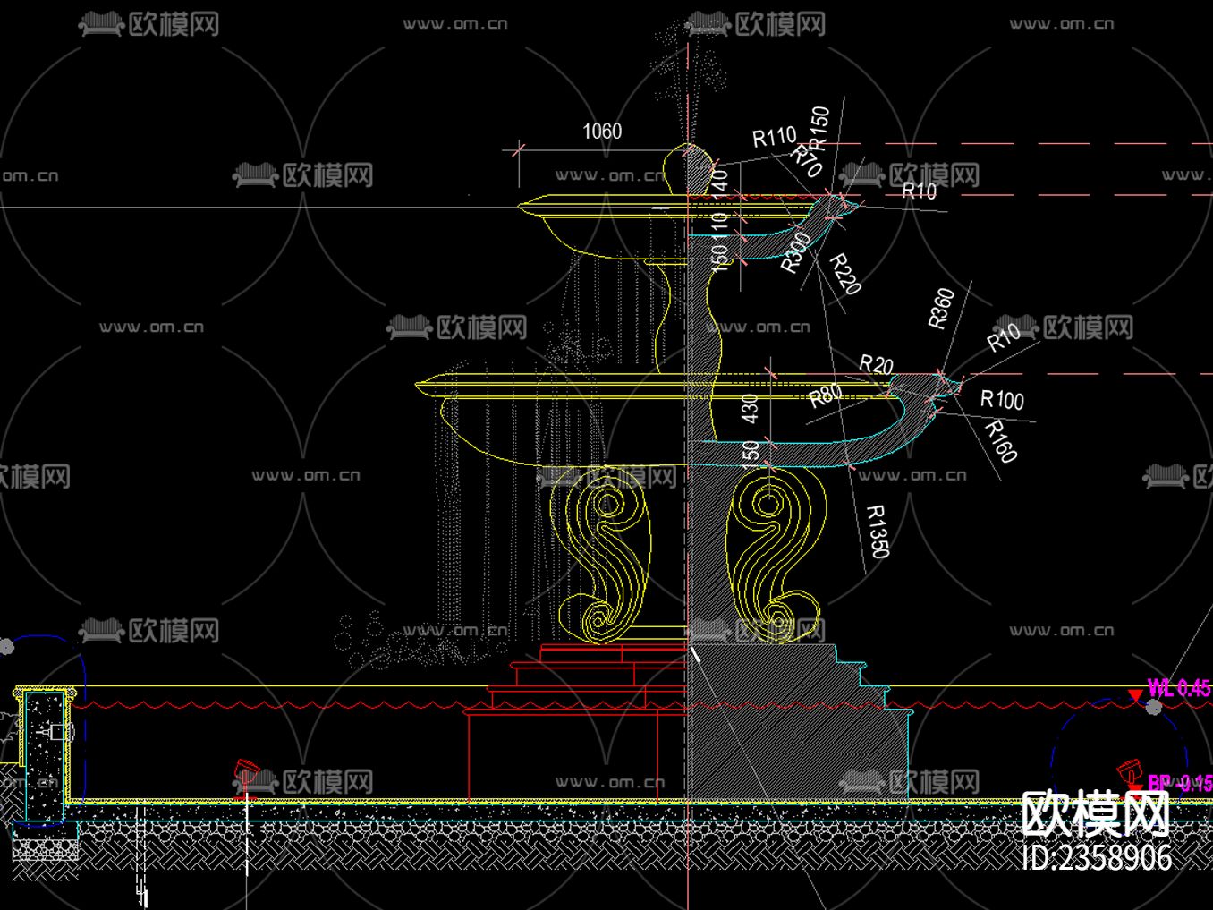 欧式古典 花钵流水 水景 CAD施工图下载（渲染图2）