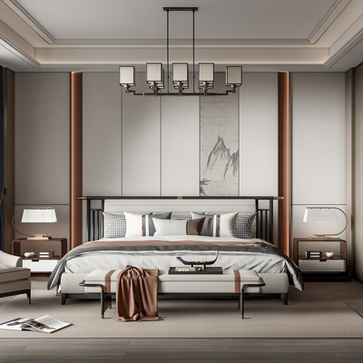新中式卧室 主人房su模型