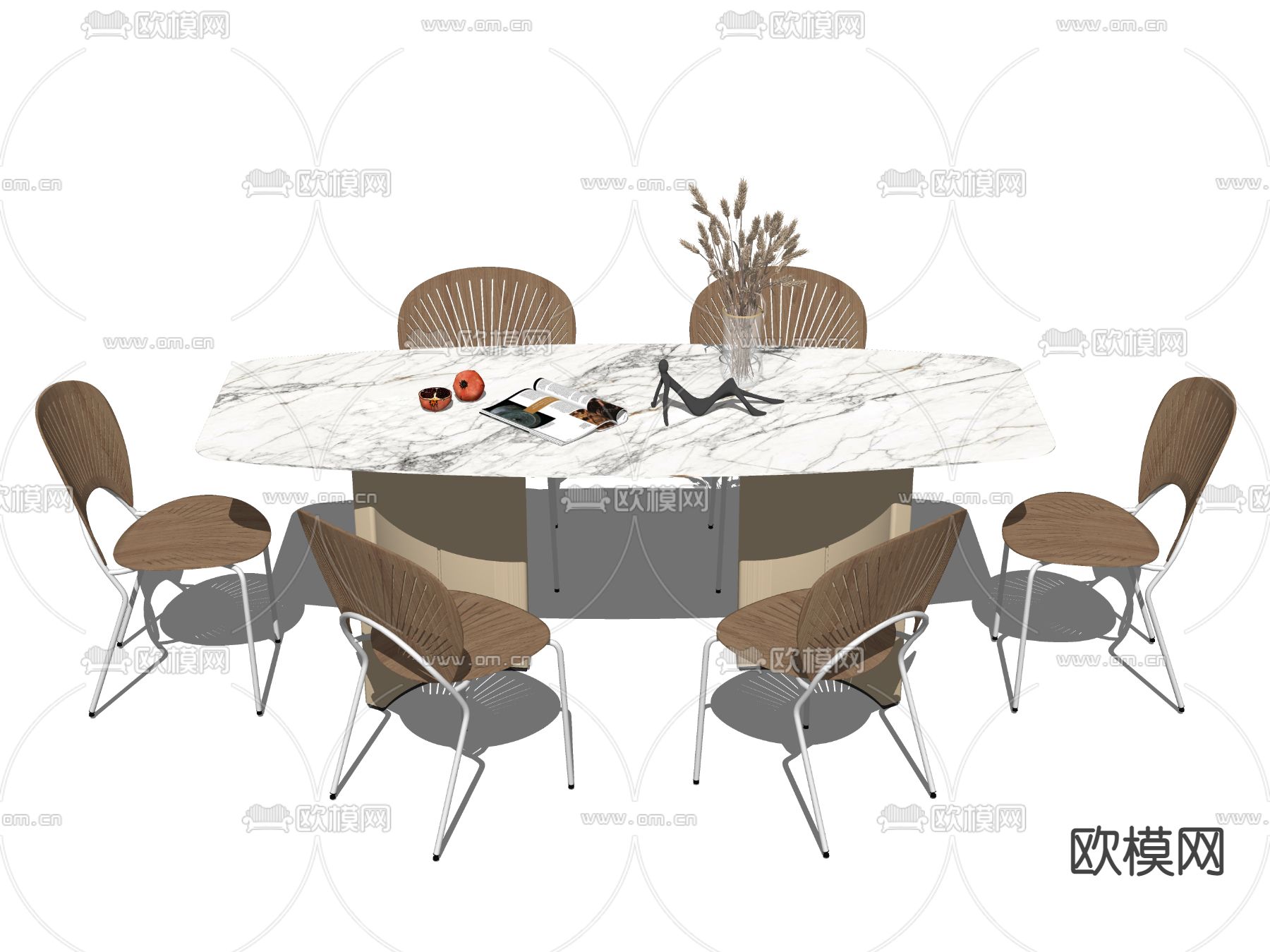 轻奢大理石条形餐桌椅su模型
