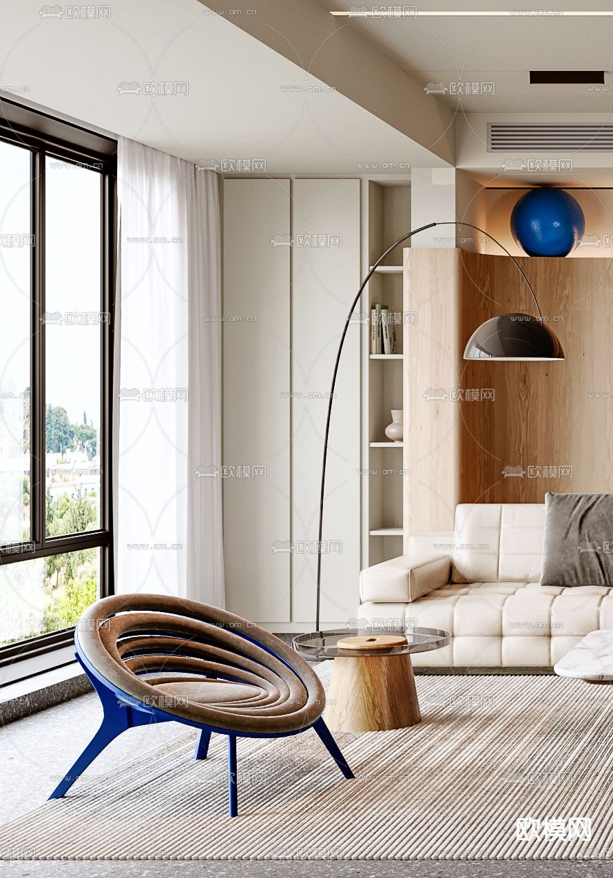 奶油风家居客厅3d模型下载（渲染图3）