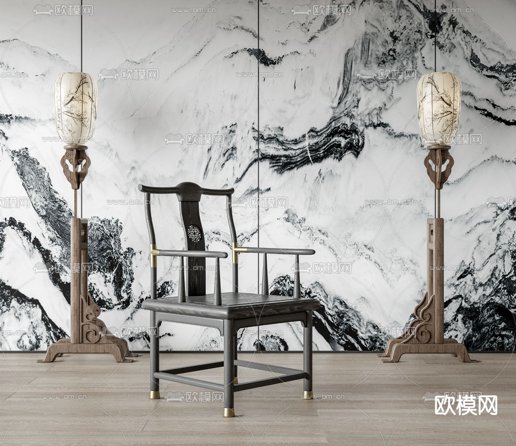 中式扶手椅子 官帽椅su模型下载（渲染图1）