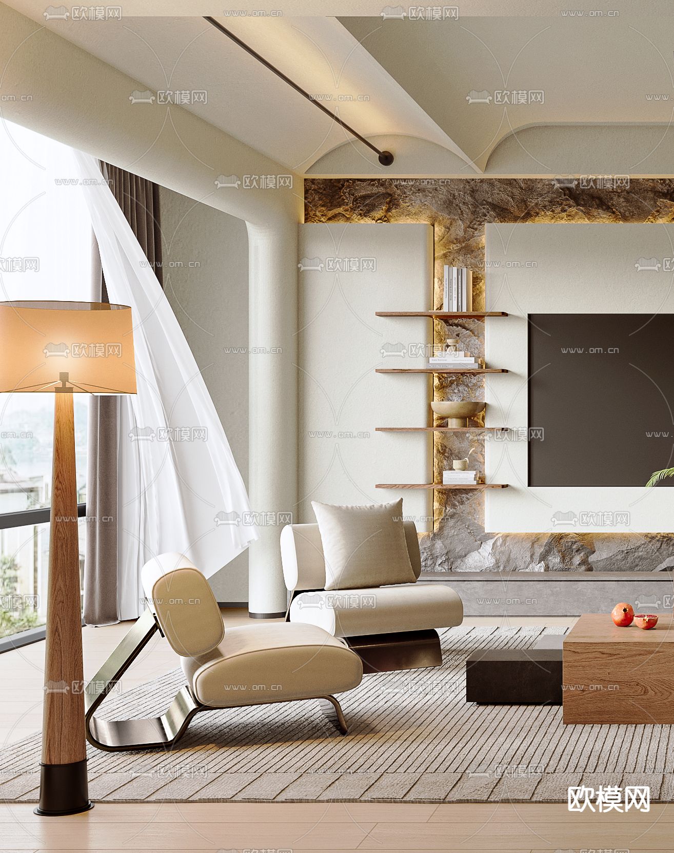 奶油风家居客厅3d模型下载（渲染图2）