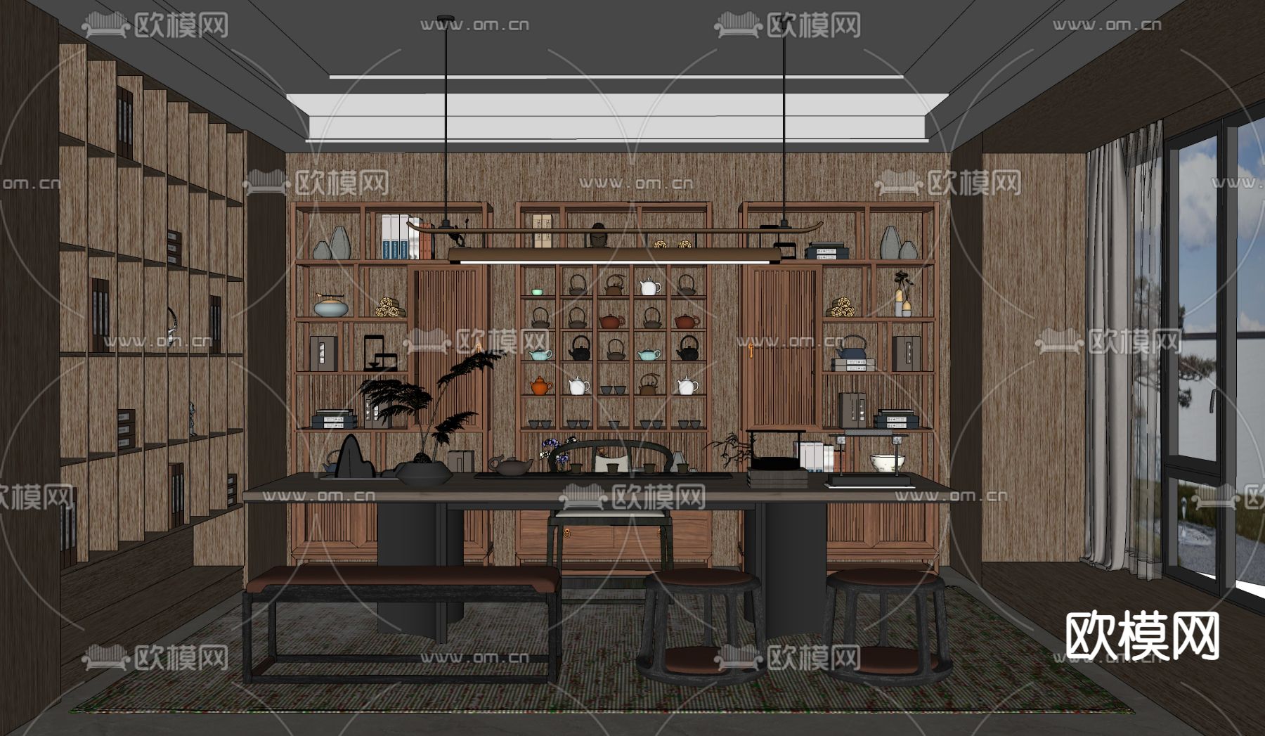新中式茶室su模型下载（渲染图2）