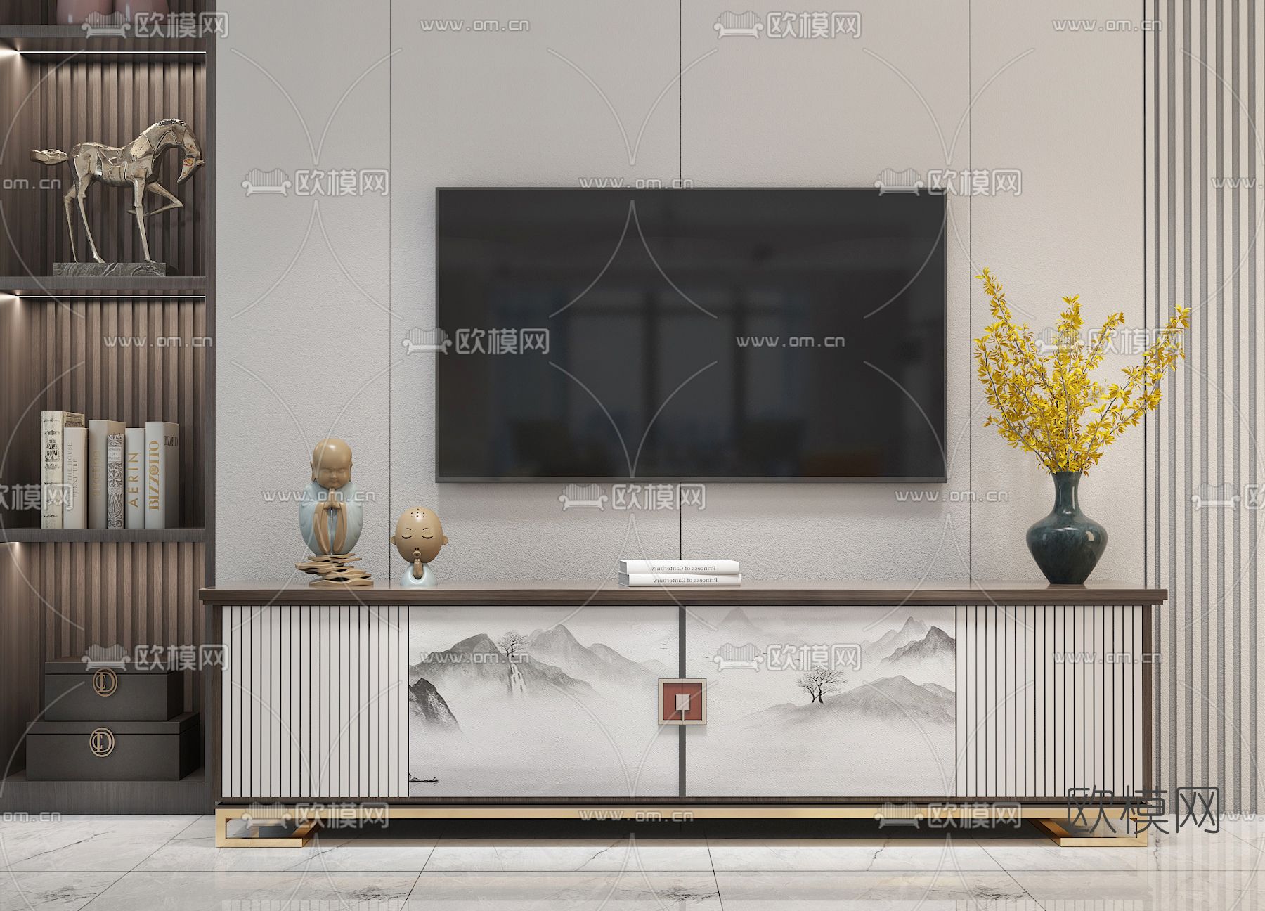 新中式电视柜3d模型下载