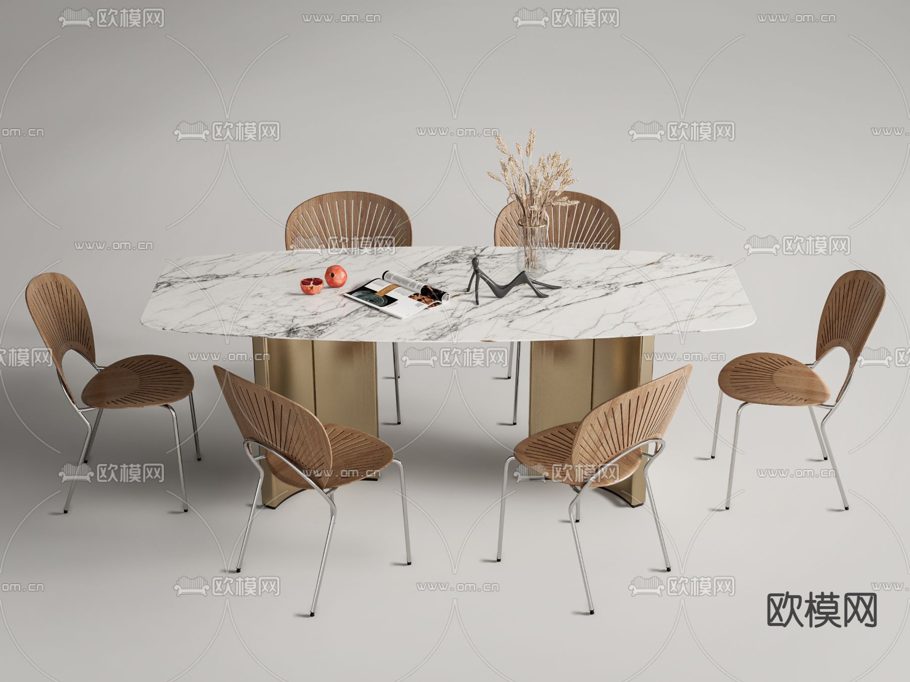 轻奢大理石条形餐桌椅su模型