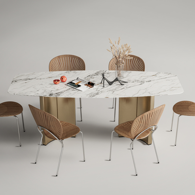 轻奢大理石条形餐桌椅su模型