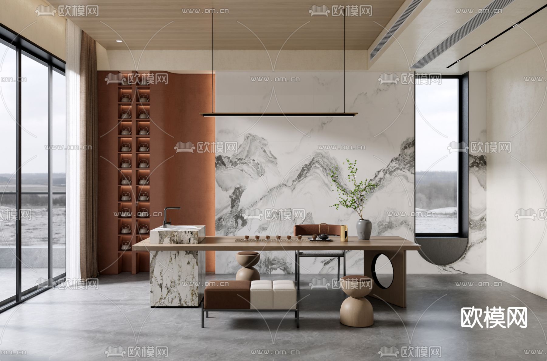新中式茶室su模型下载（渲染图1）