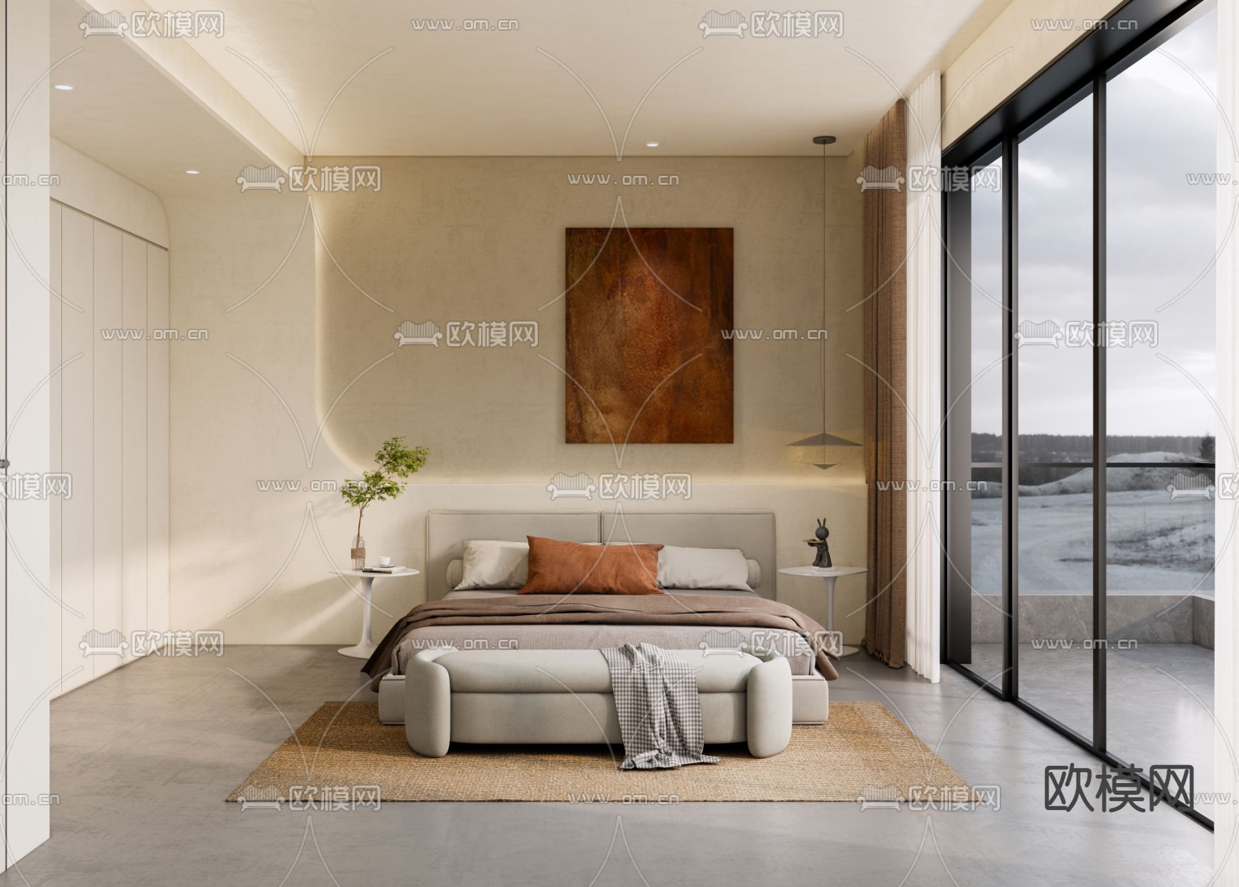 侘寂卧室su模型下载（渲染图1）