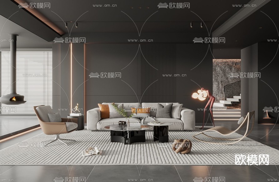 暗黑风客厅3d模型下载
