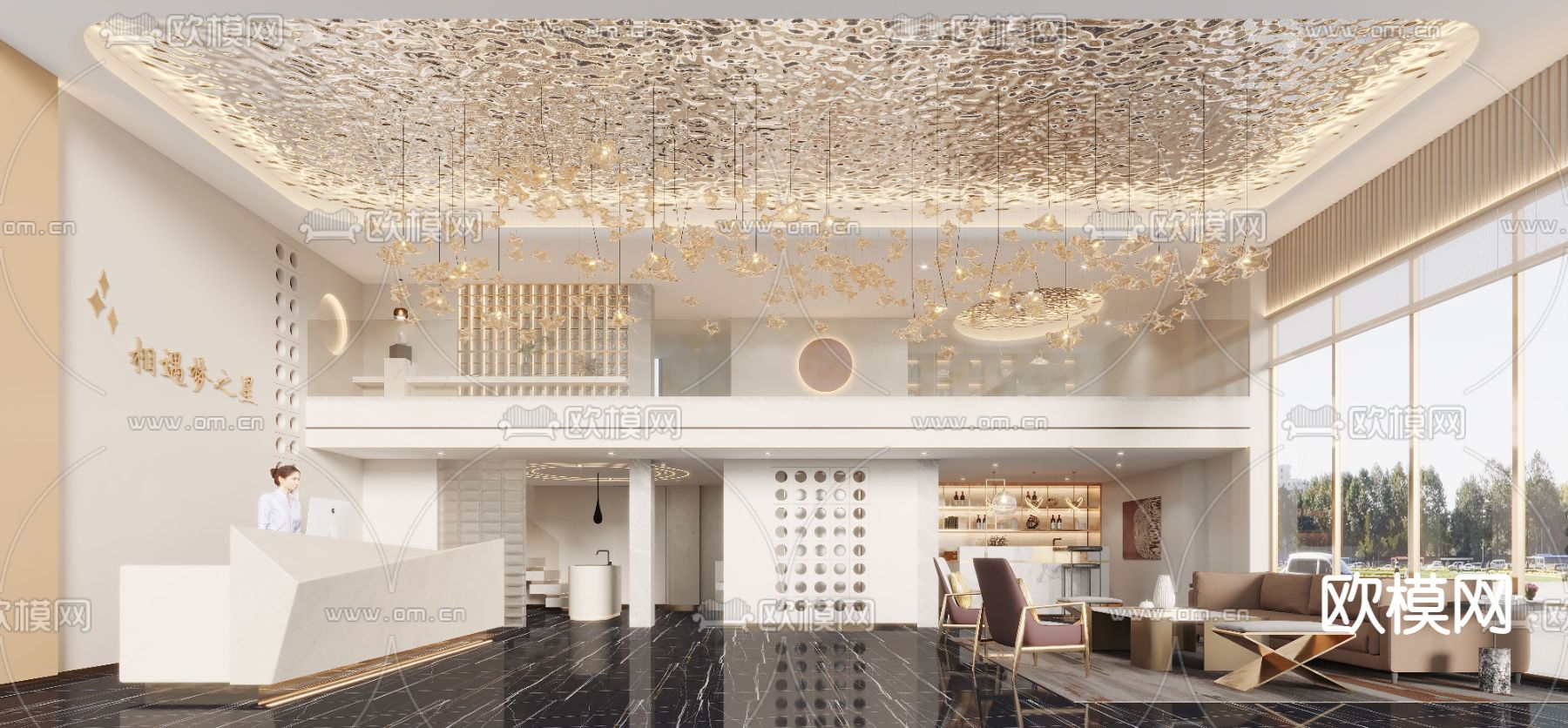 轻奢风酒店公寓大堂3d模型下载（渲染图1）