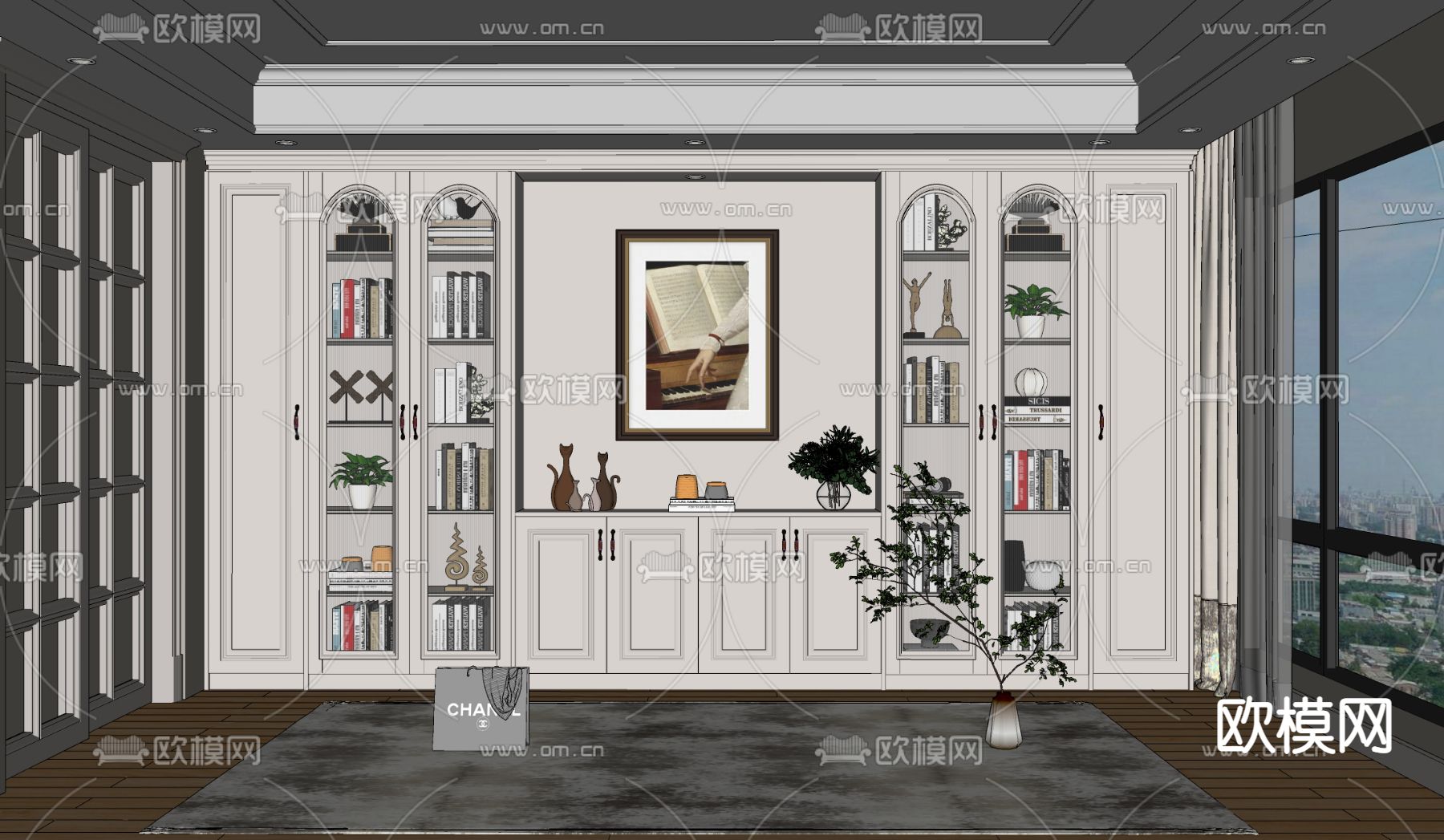 欧式书柜su模型下载（渲染图2）