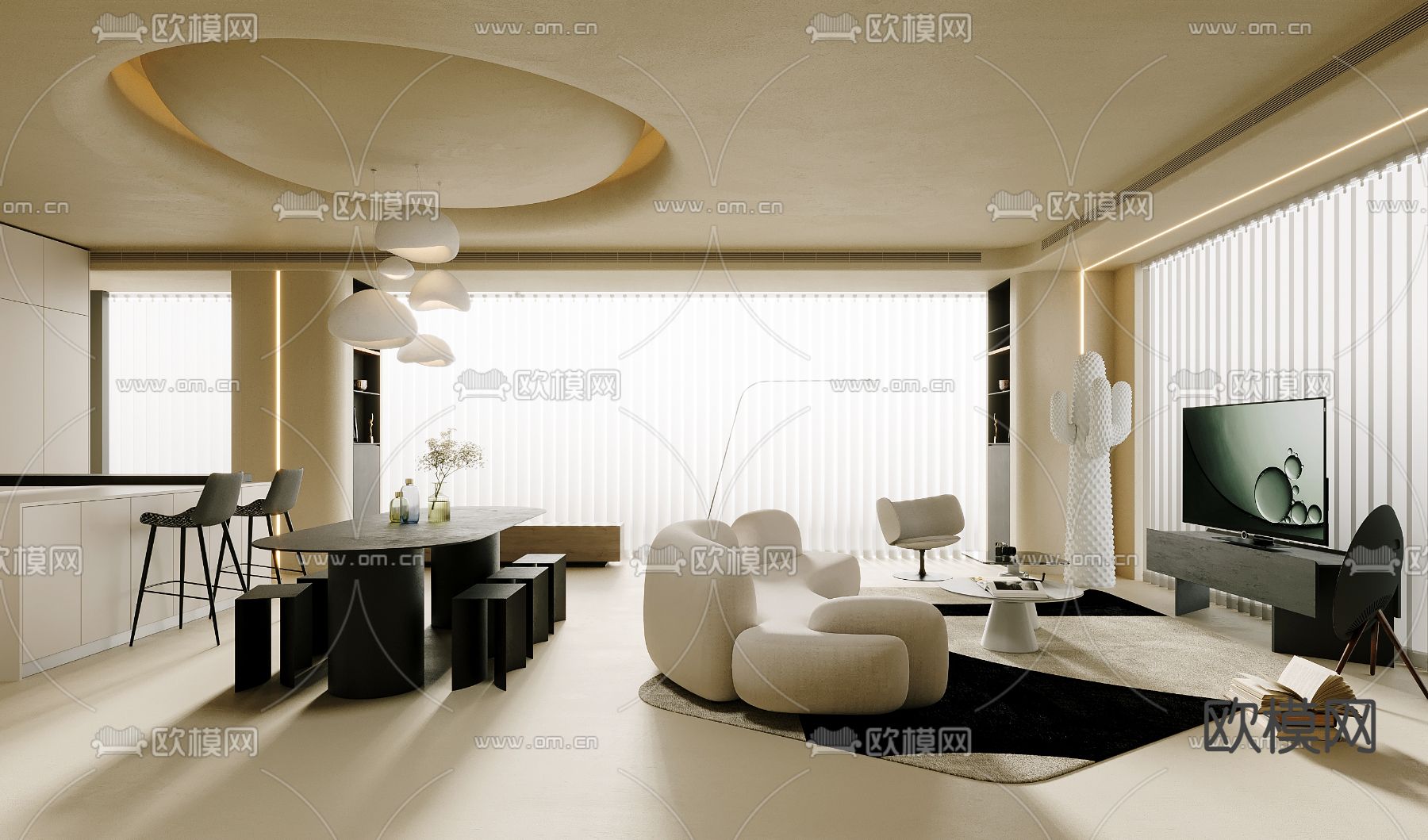 奶油风客厅餐厅3d模型下载