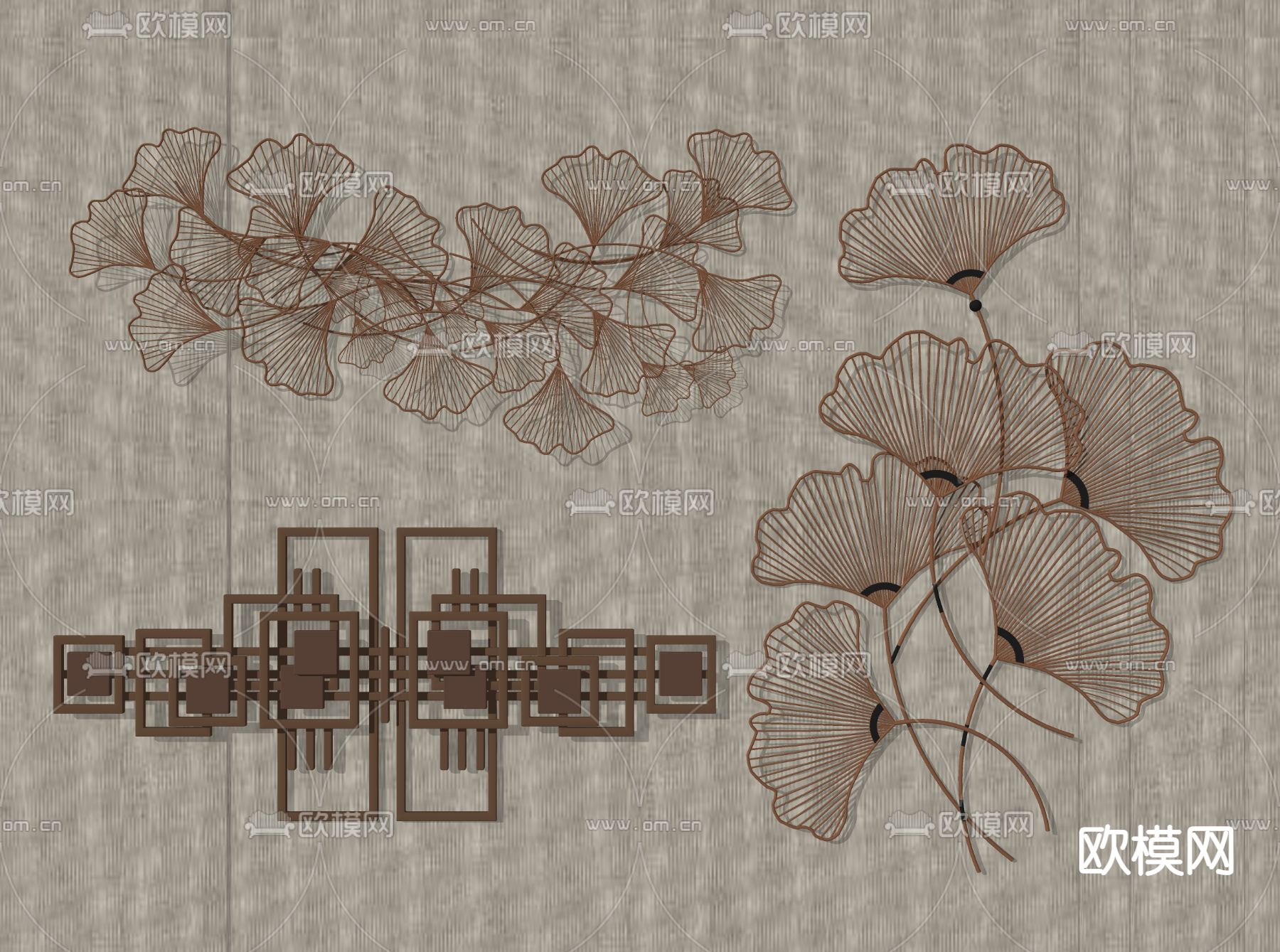新中式银杏叶墙饰 挂件su模型下载（渲染图2）