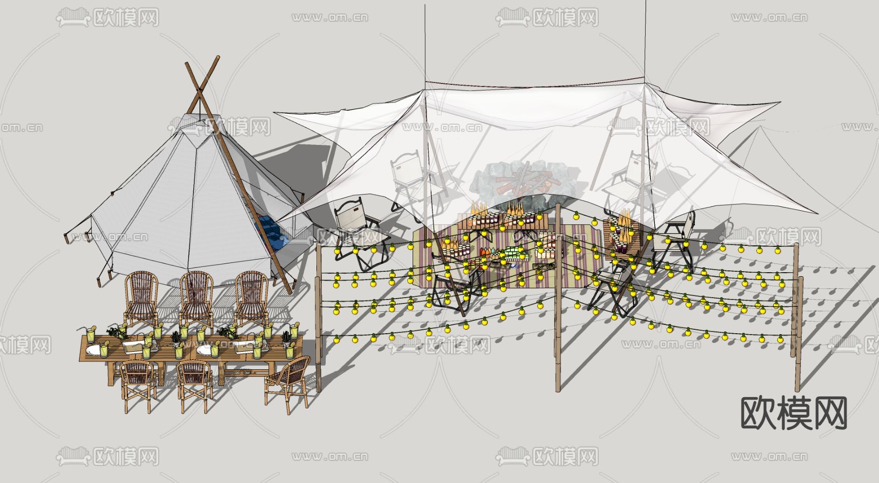 现代露营装备 帐篷 烧烤架su模型下载