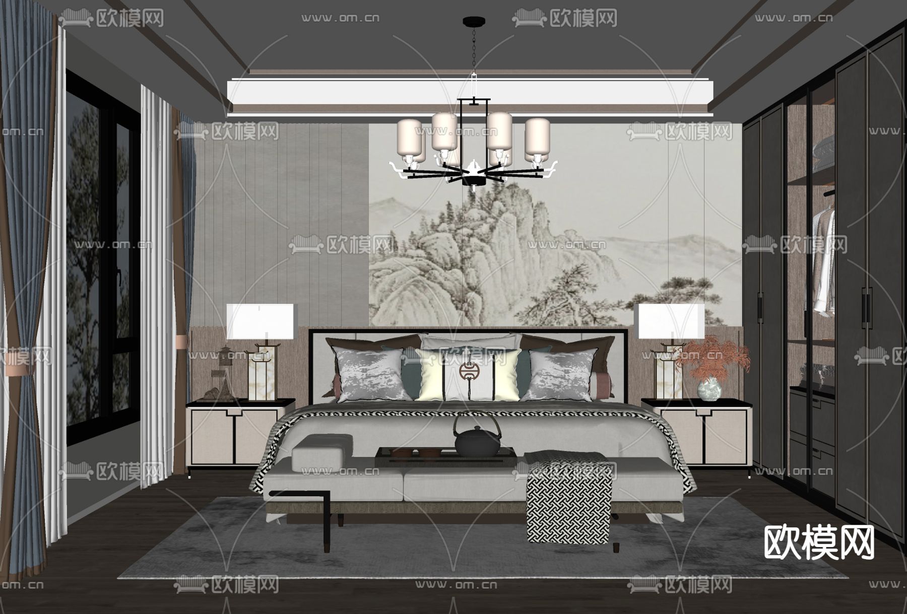新中式卧室su模型下载（渲染图5）