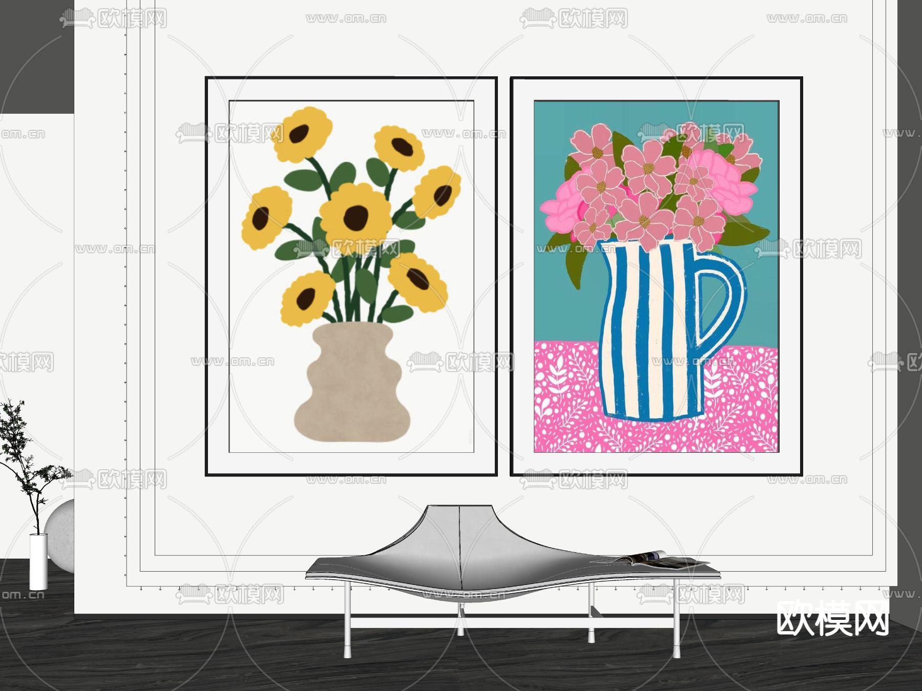 北欧风卡通花卉装饰画 挂画su模型下载（渲染图2）