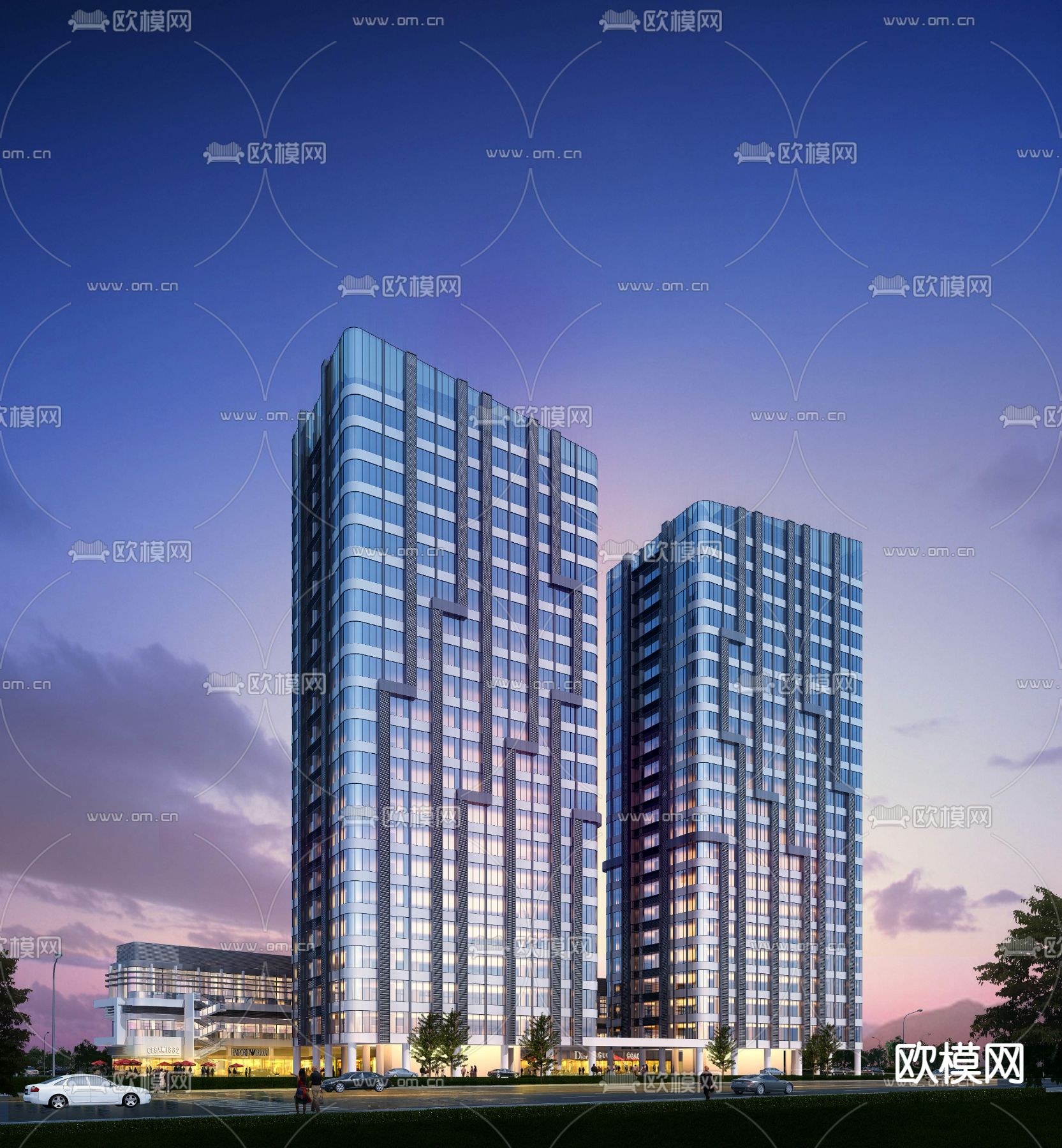 现代办公楼外观夜景psd下载