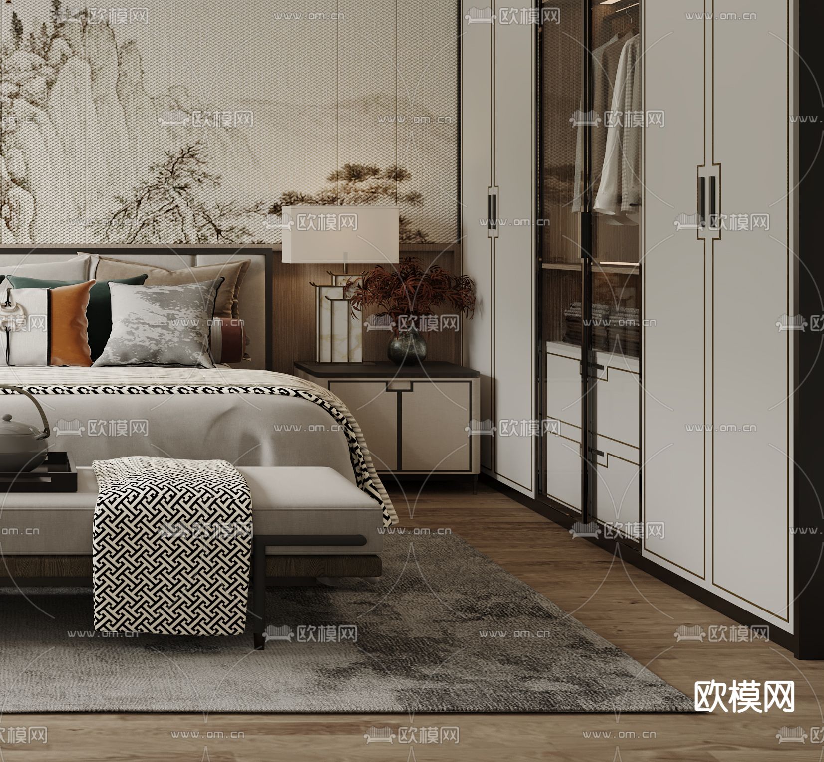 新中式卧室su模型下载（渲染图3）
