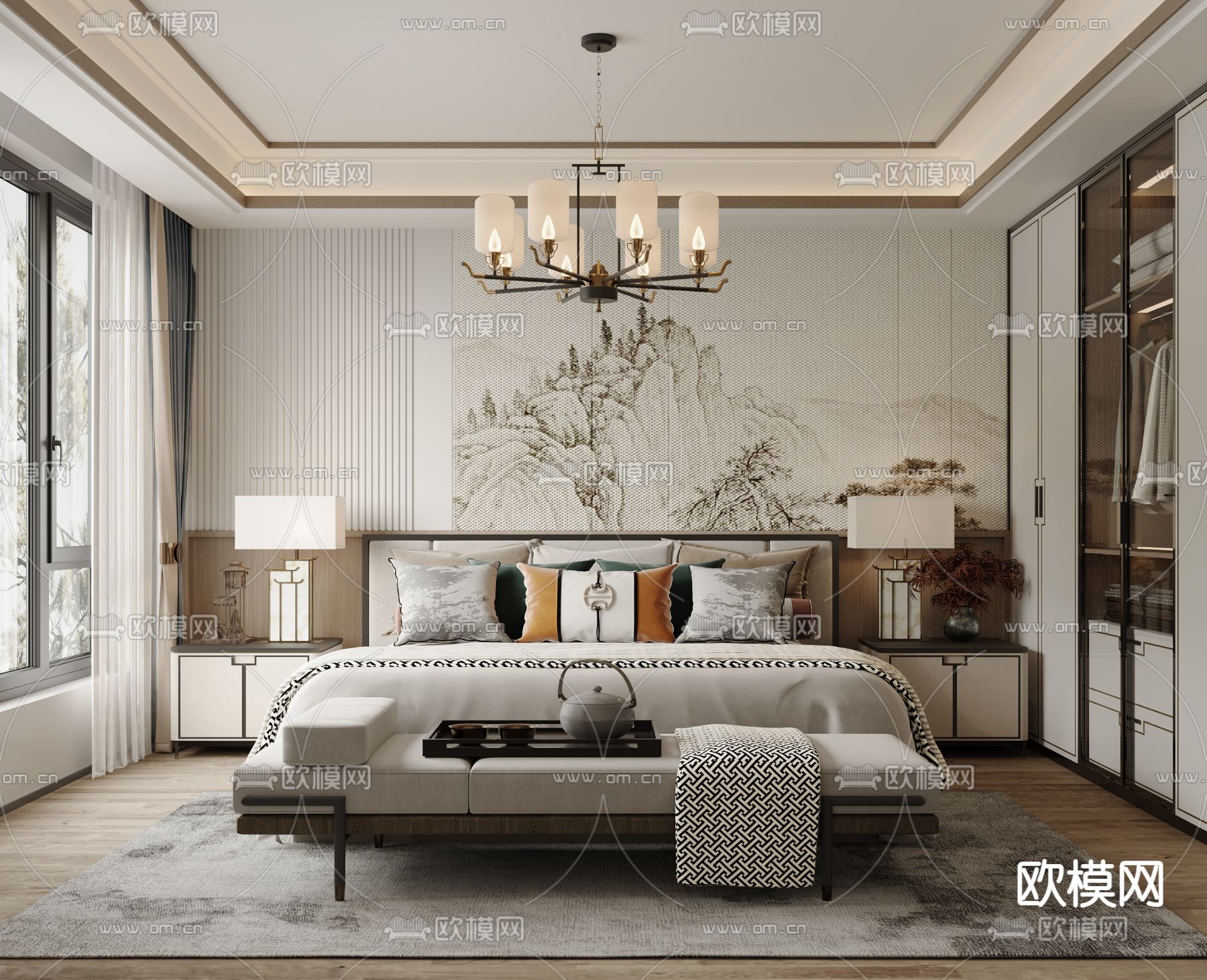 新中式卧室su模型下载（渲染图4）