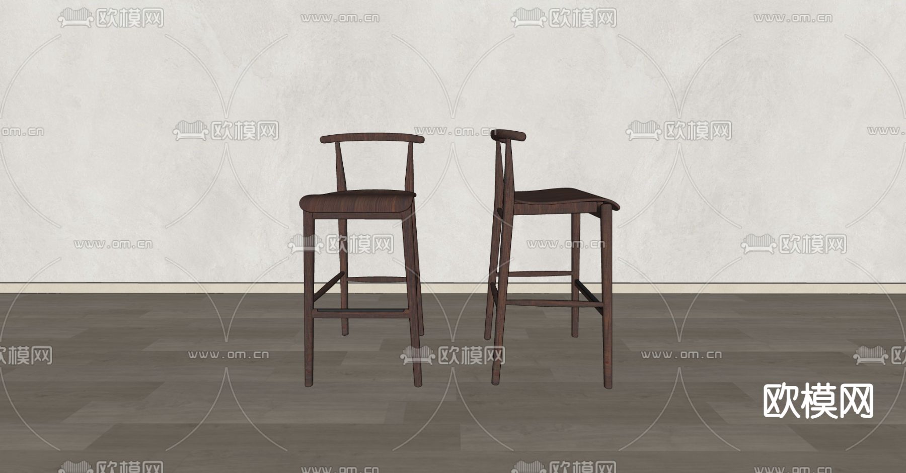新中式靠背吧椅 吧凳su模型