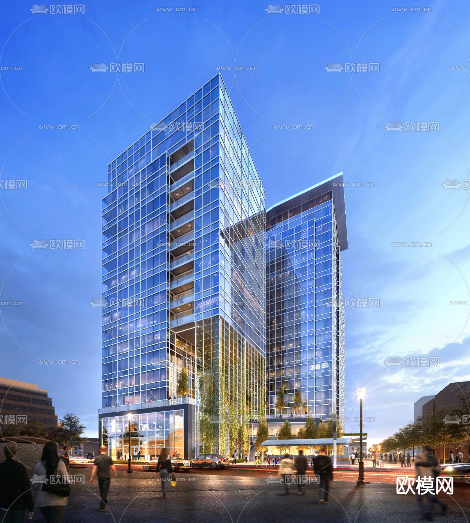 现代办公楼外观夜景psd下载