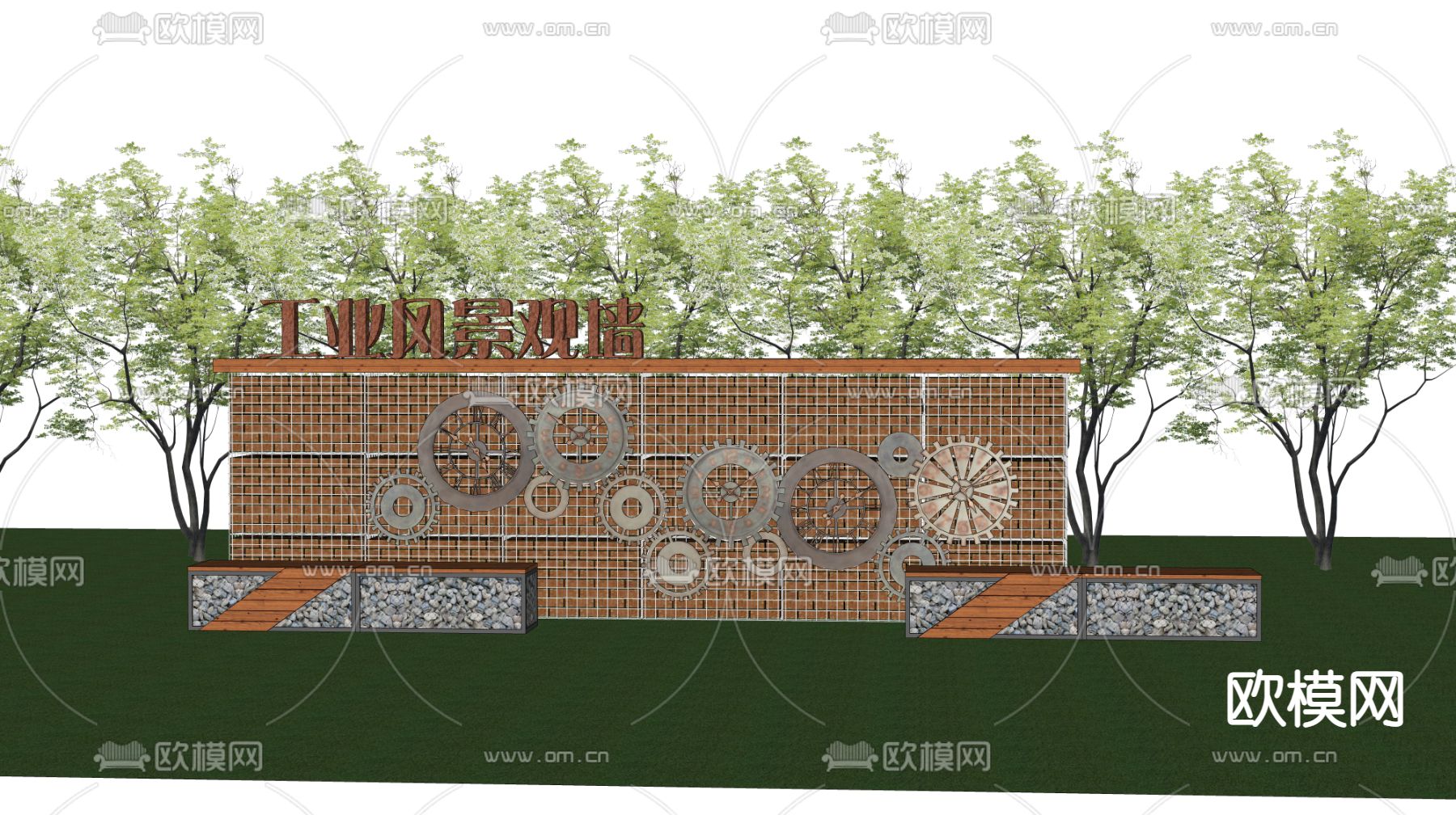 工业风宾格石笼景墙su模型下载（渲染图2）