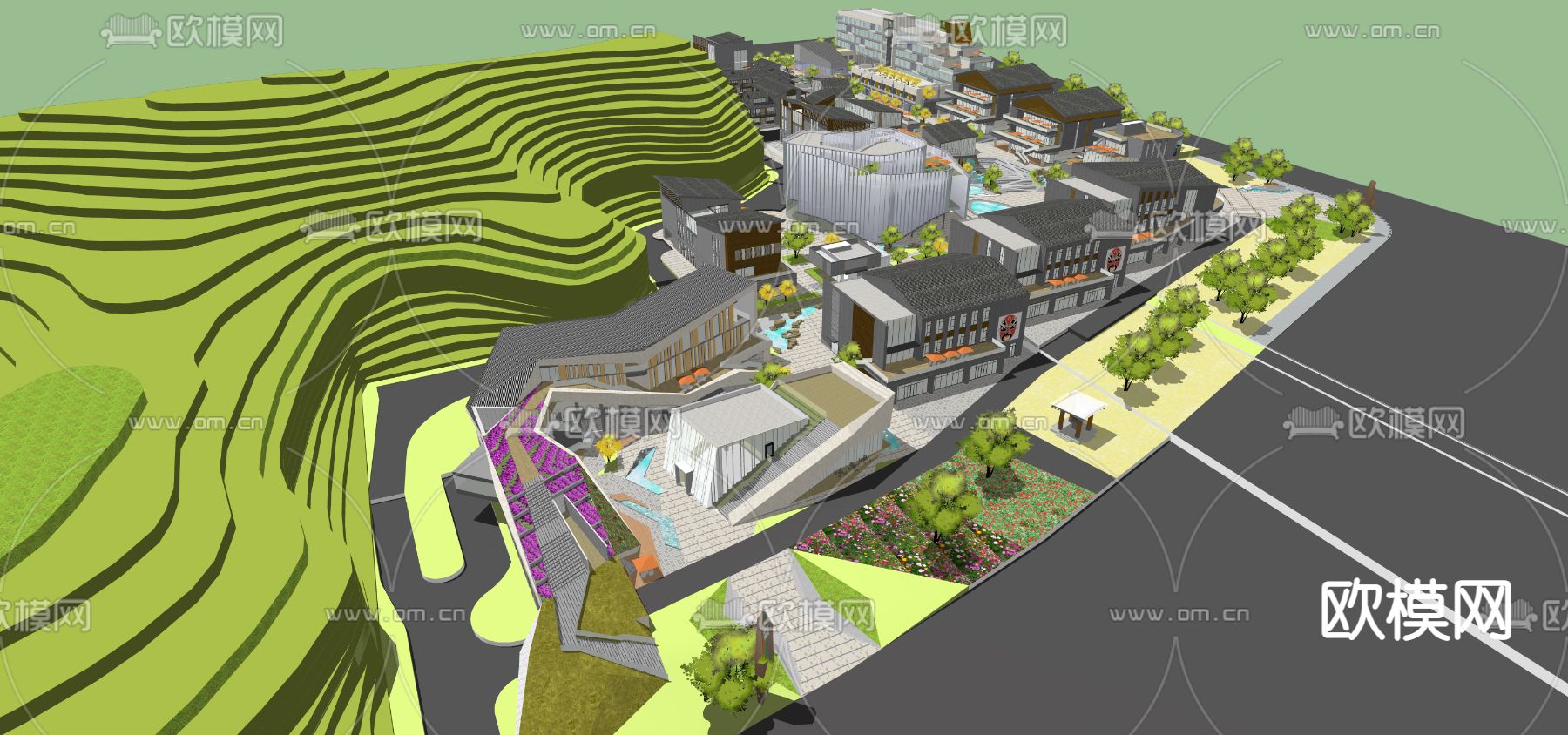 现代商业街su模型下载（渲染图2）