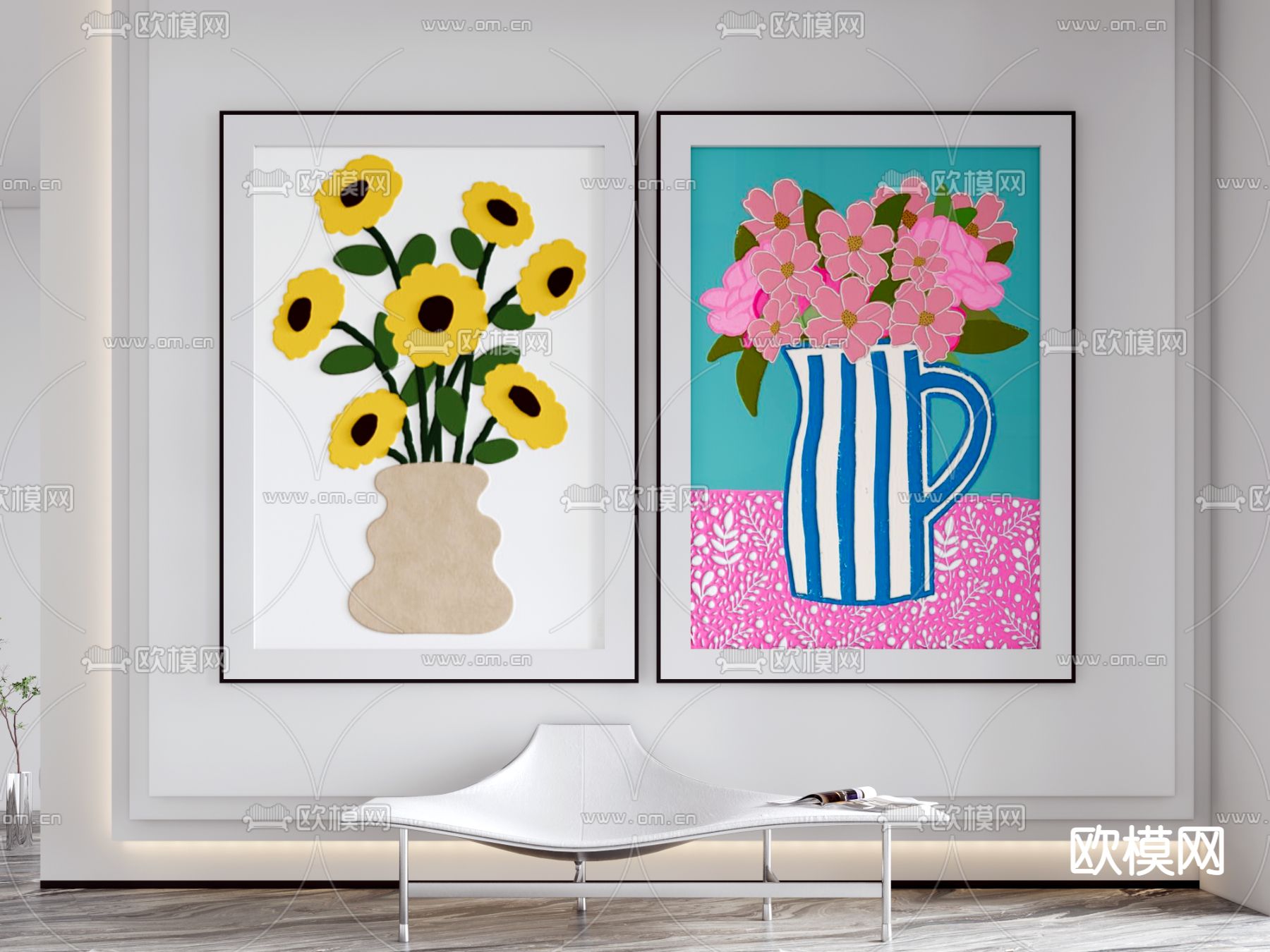 北欧风卡通花卉装饰画 挂画su模型下载（渲染图1）